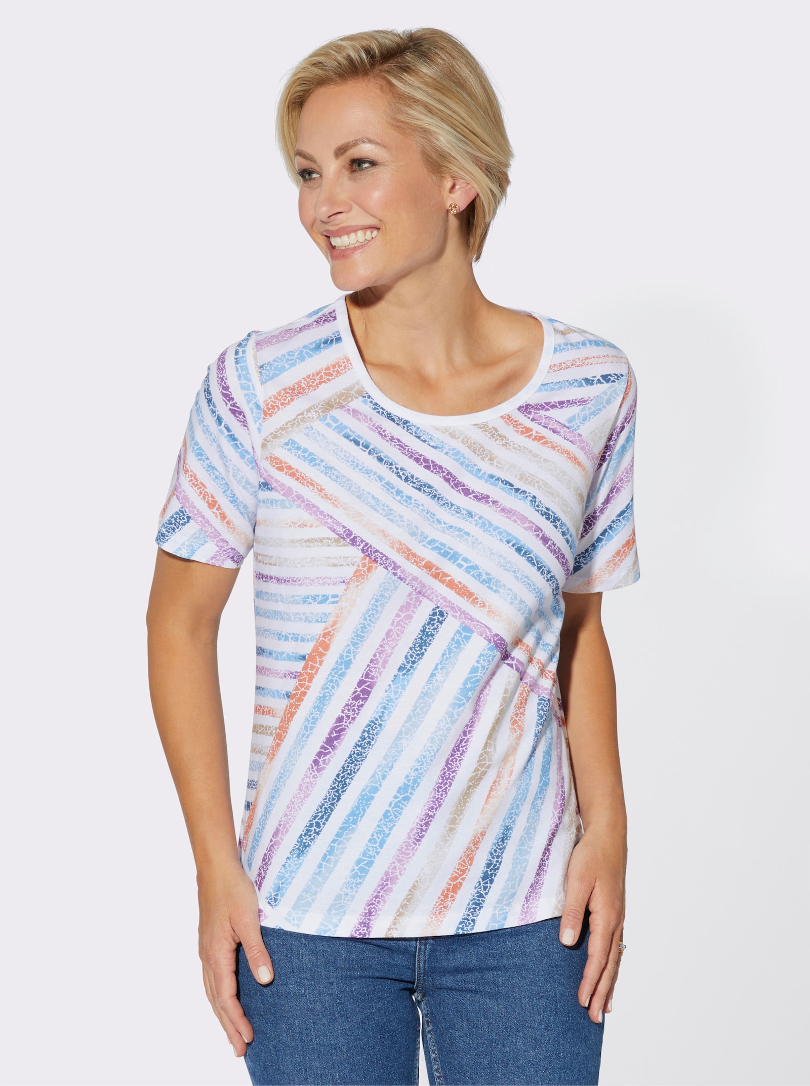 Streifenshirt mit Seitenschlitzen - weiß-himmelblau-bedruckt