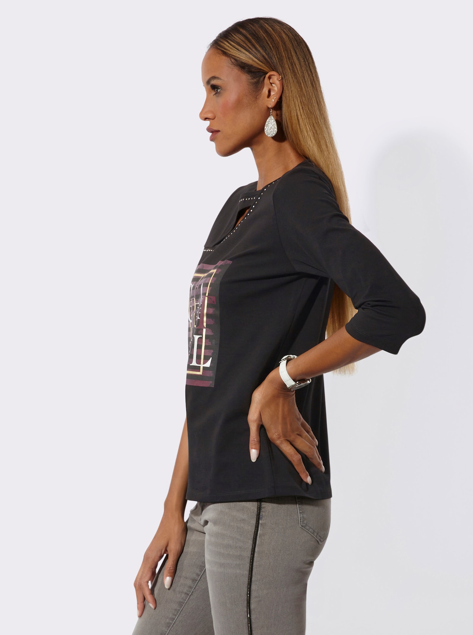 3/4-Arm-Shirt mit Foliendruck - schwarz-goldfarben-bedruckt