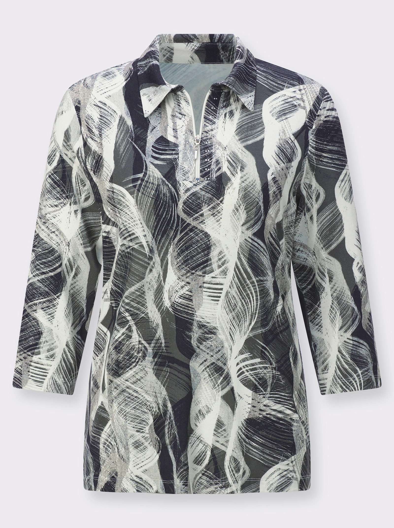 Poloshirt met korte, zilverkleurige rits - zwart/ecru geprint