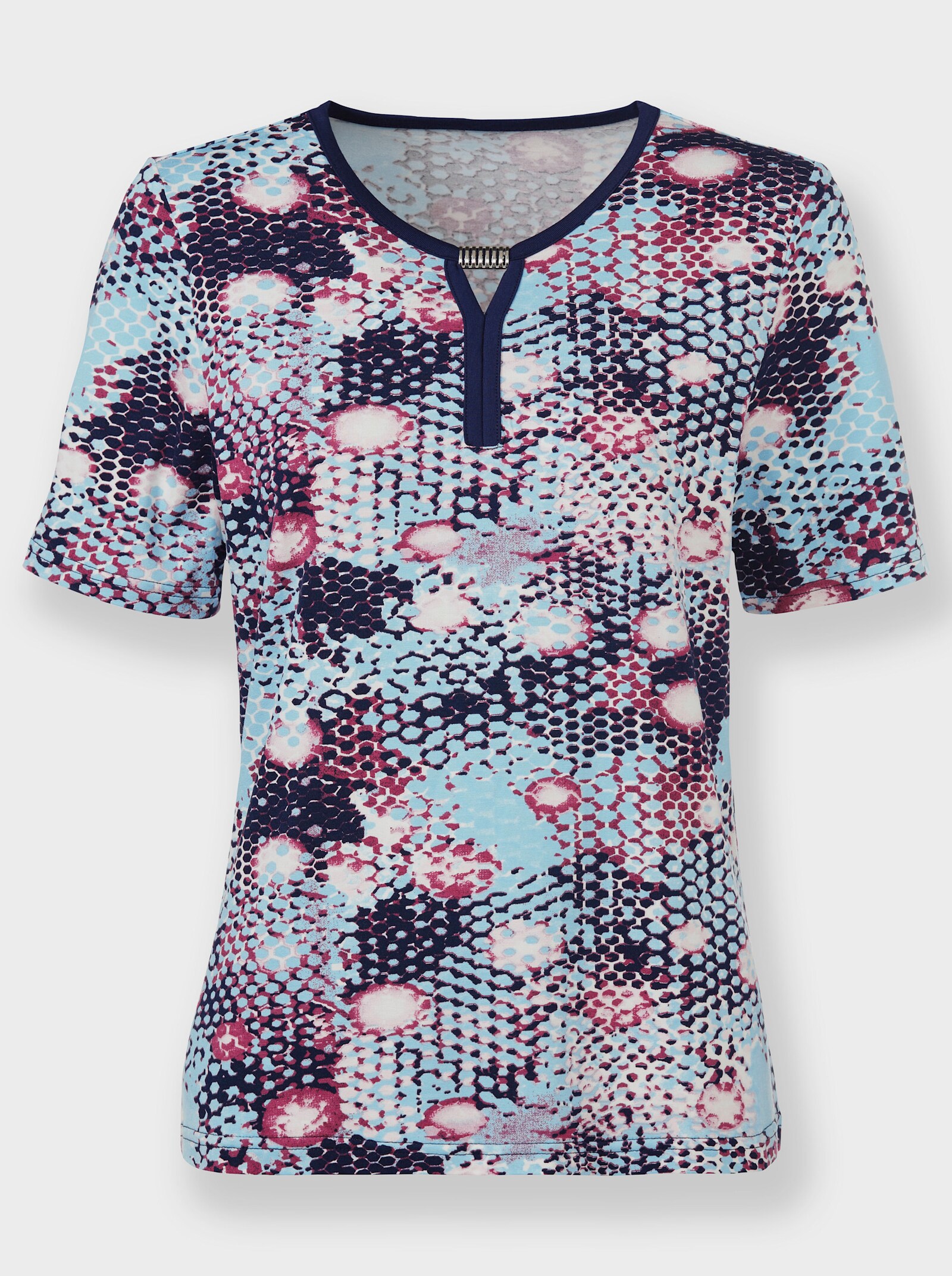 Rundhalsshirt mit silberfarbener Zierschnalle - aquamarin-marine-bedruckt