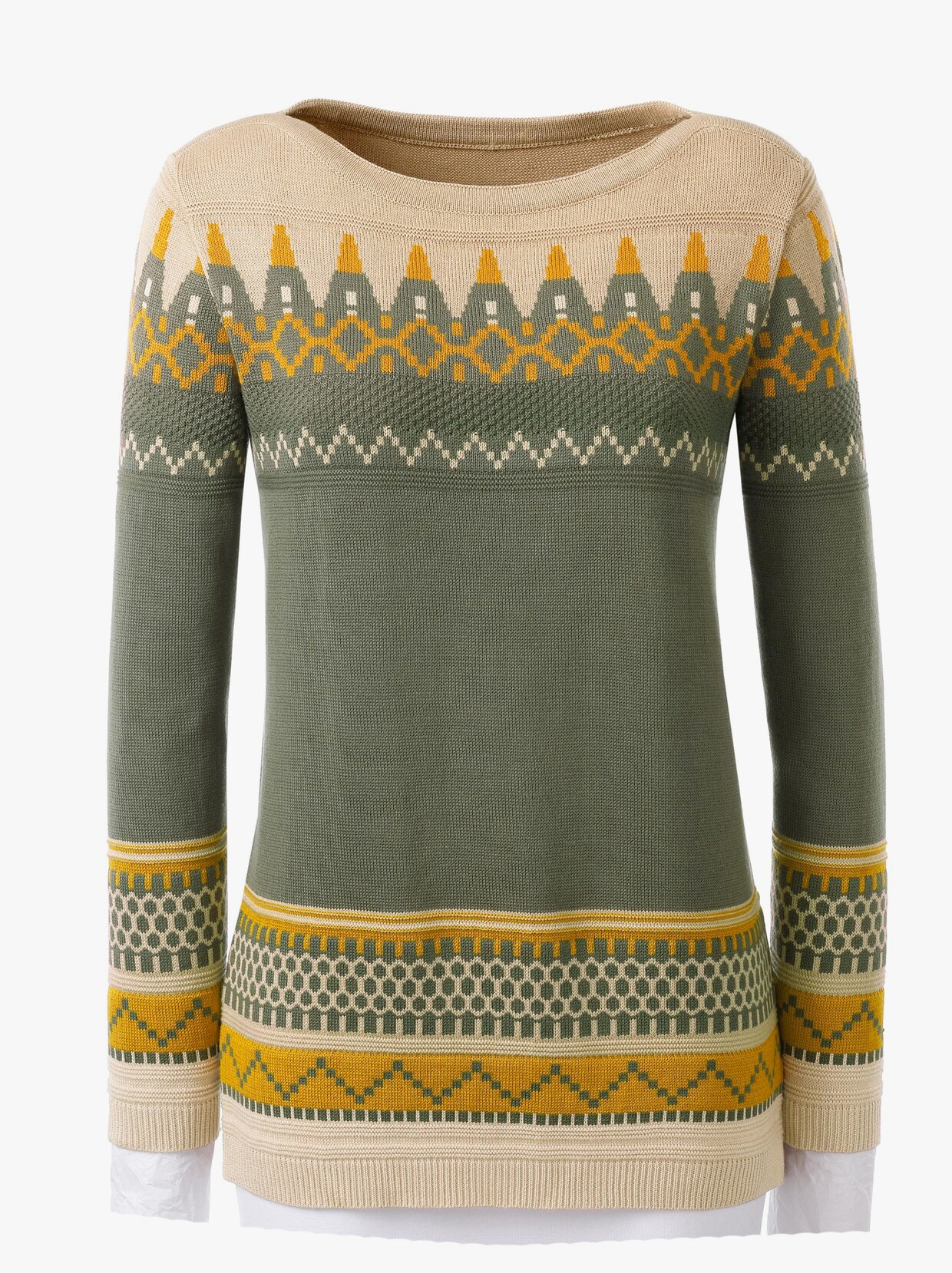 Rundhalspullover - beige-oliv