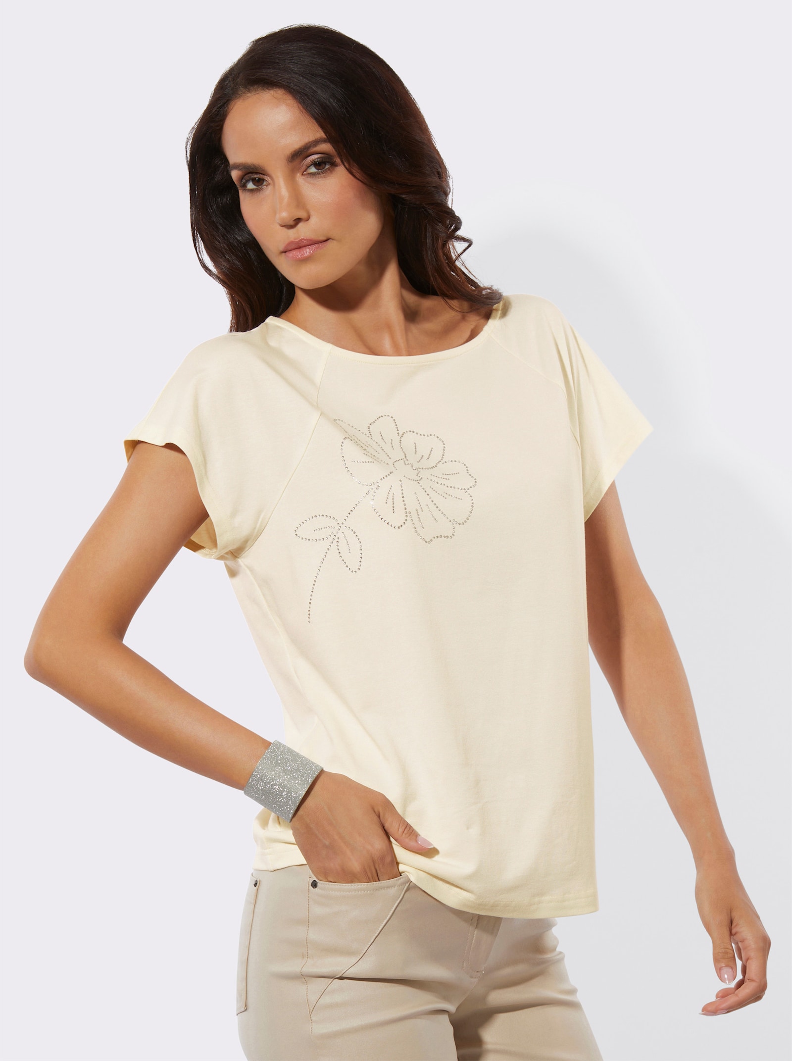 Shirt mit platzierter Glitzer-Blüte - champagner