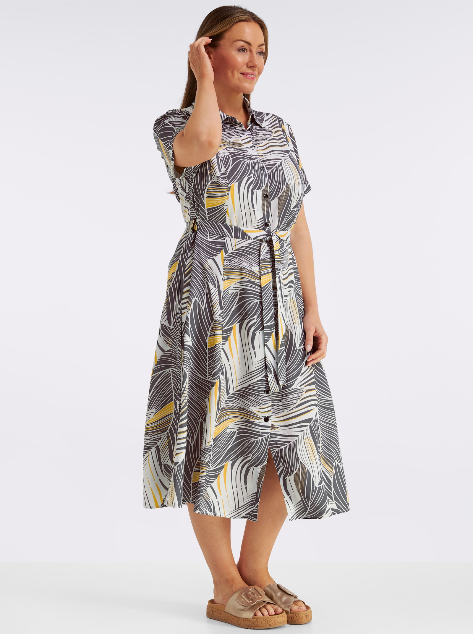 Druckkleid aus reiner, wertiger Viskose - anthrazit-ocker-bedruckt