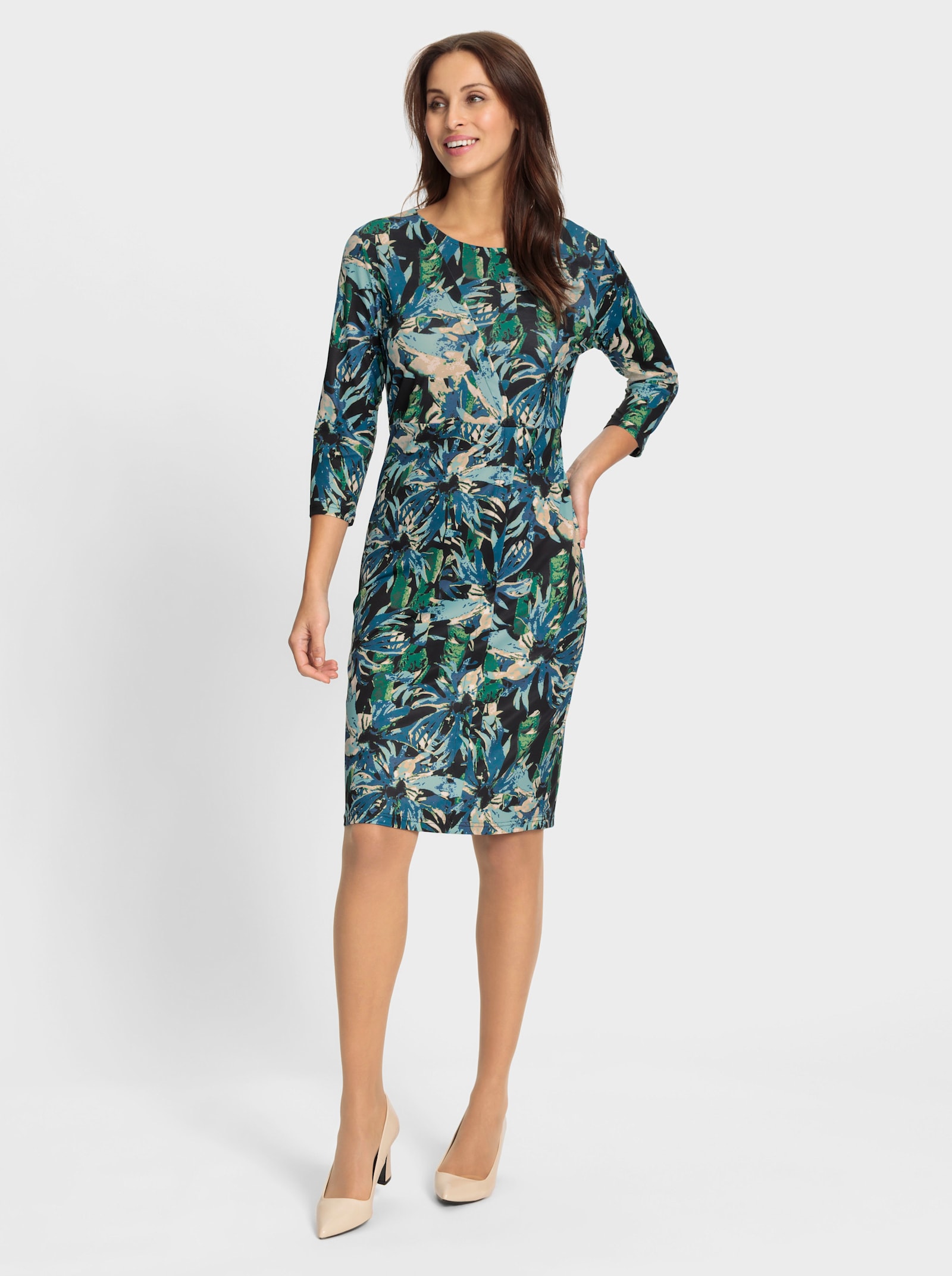 Jerseykleid in Wickel-Optik - schwarz-aquamarin-bedruckt