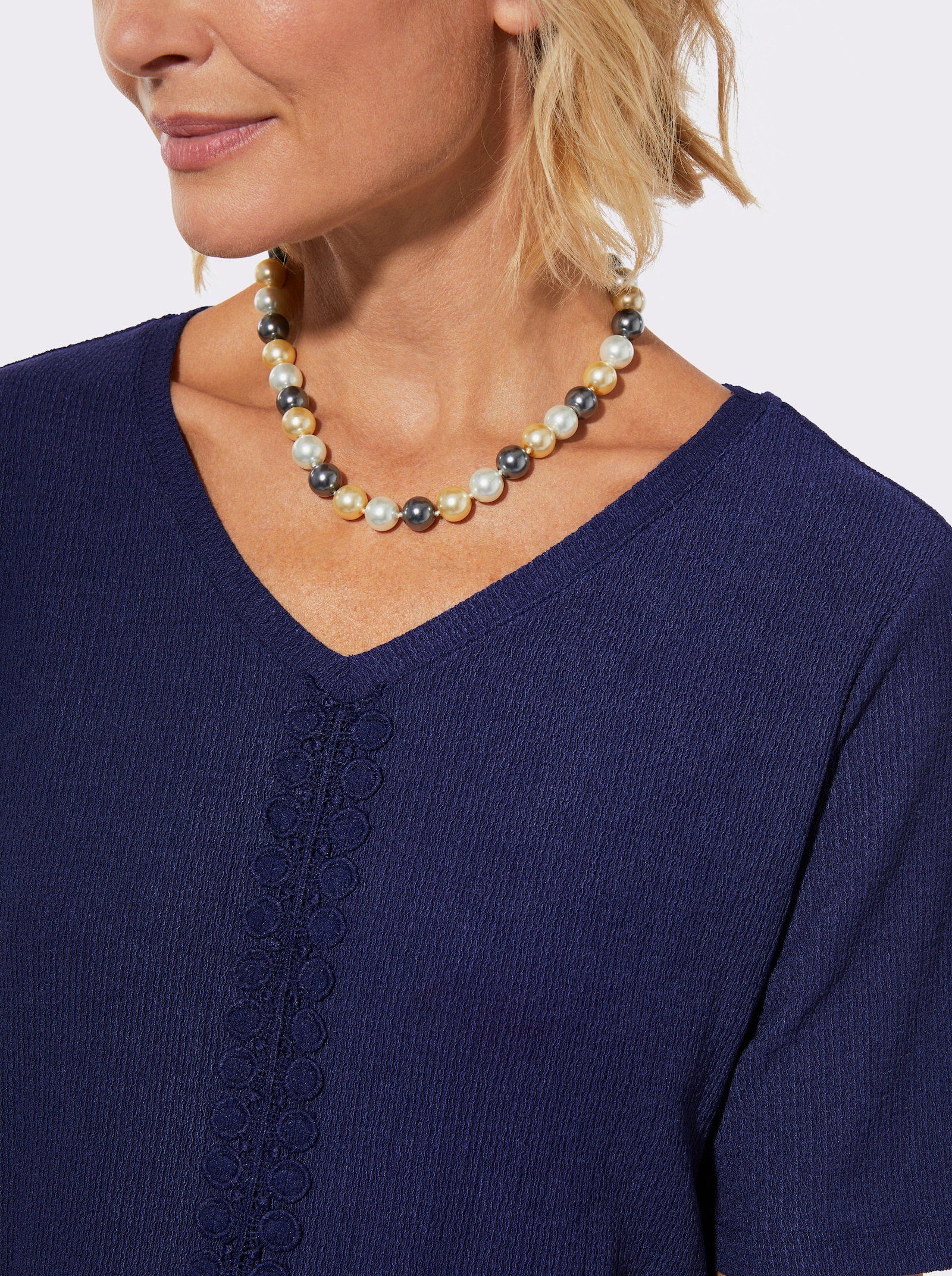 Kurzarmshirt mit Spitzenbesatz - marine