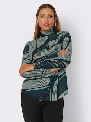 Bluse mit Stehkragen asymmetrische Knopfleiste - ecru-jade-bedruckt