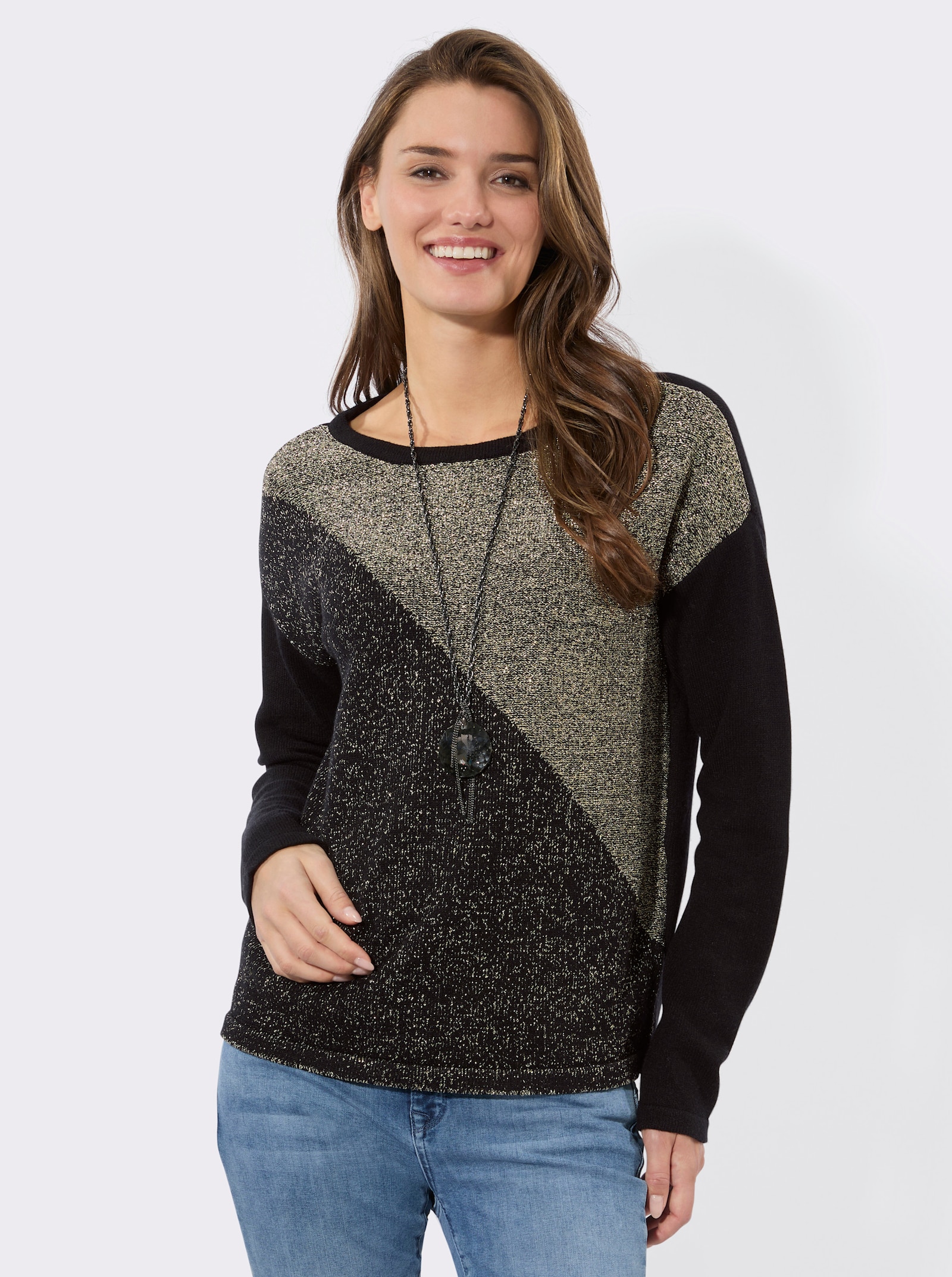 Rundhalspullover in Melange-Optik - schwarz-metallicfarben