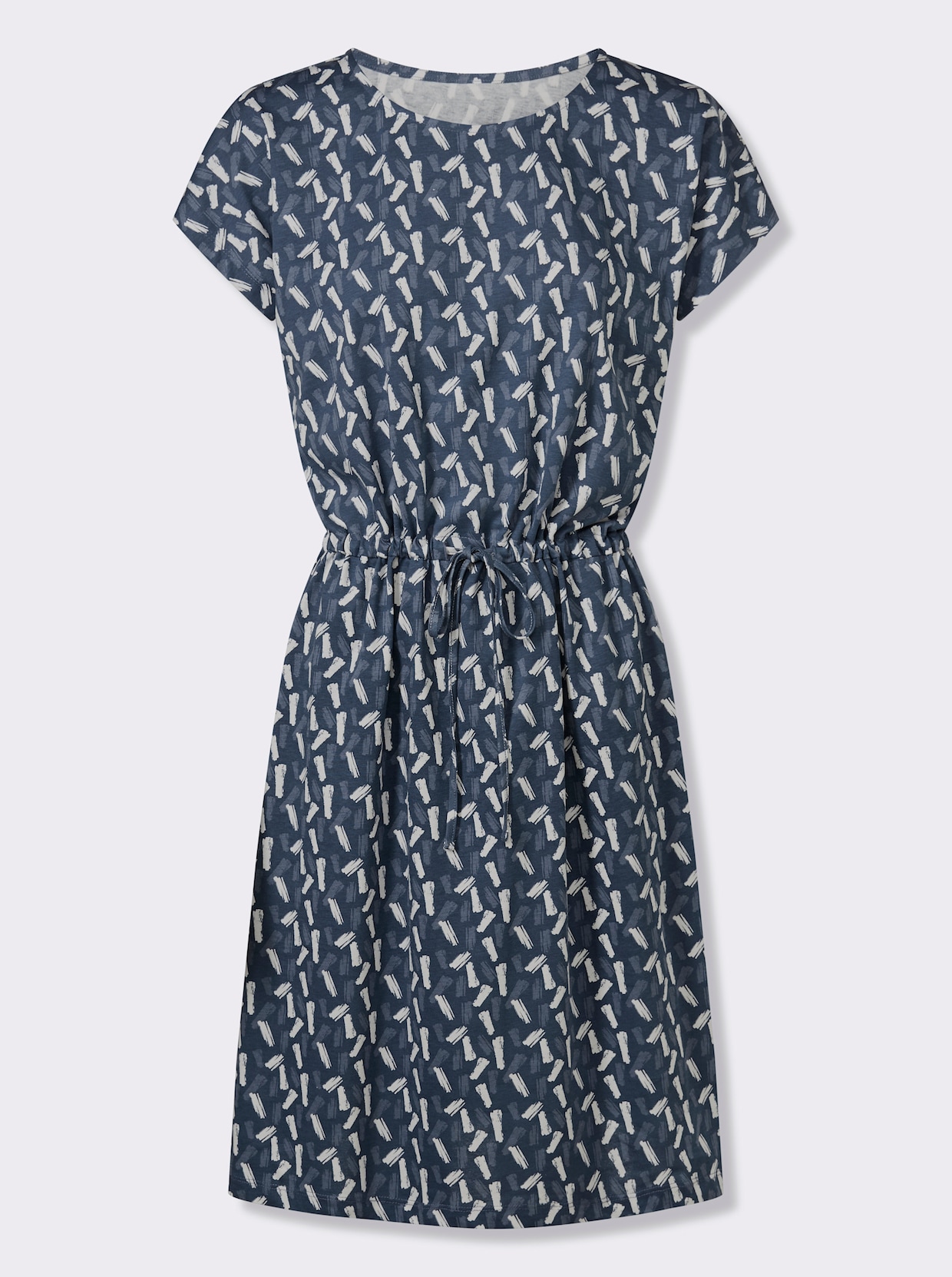 Jerseykleid mit Rundhals-Ausschnitt - dunkelblau-ecru-bedruckt