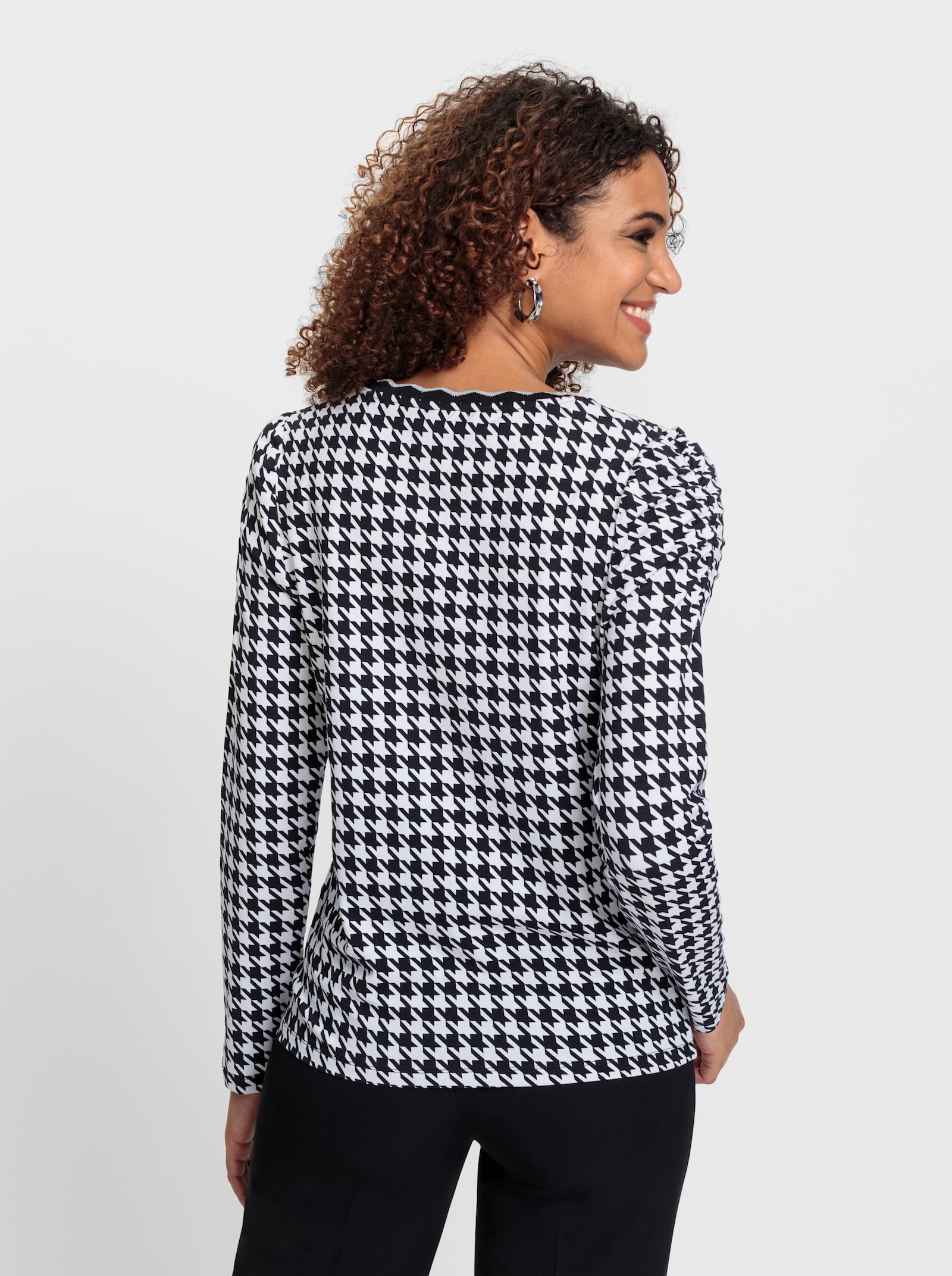 Rundhalsshirt mit Hahnentritt-Muster - schwarz-weiß-gemustert