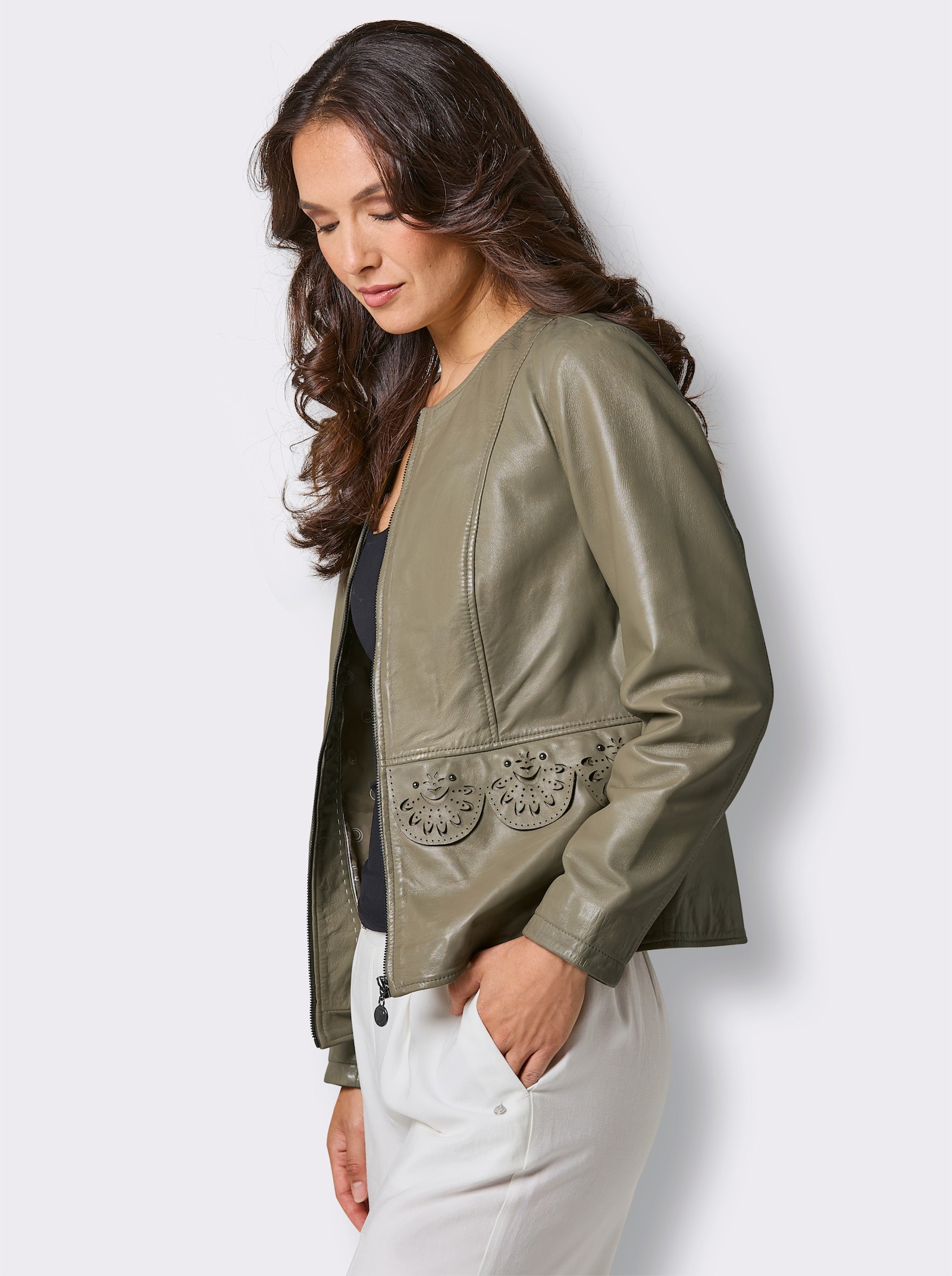 Mainpol Lederblazer mit Spitzen-Optik - schlamm