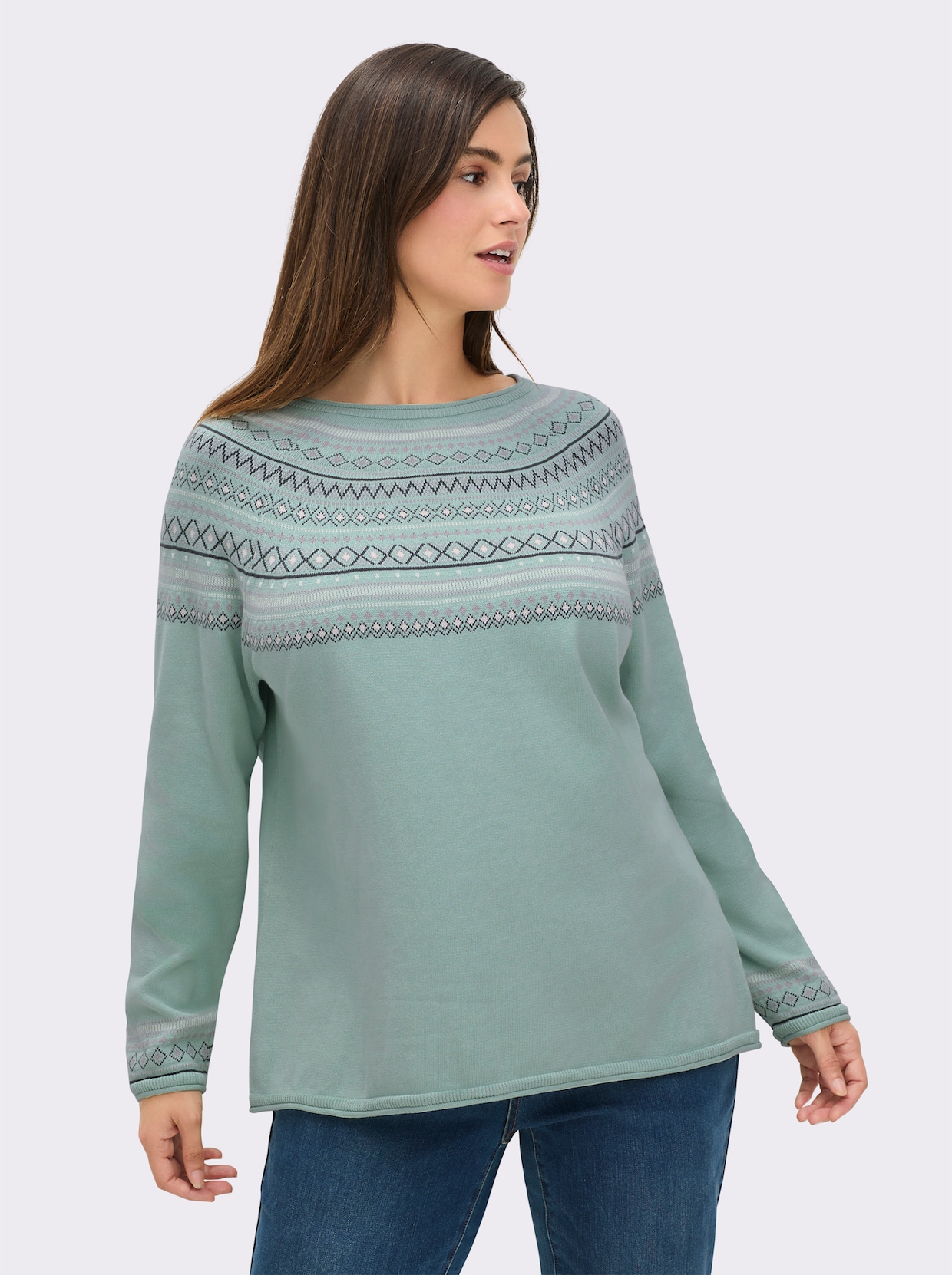 Norwegerpullover aus reiner Baumwolle - mint-gemustert
