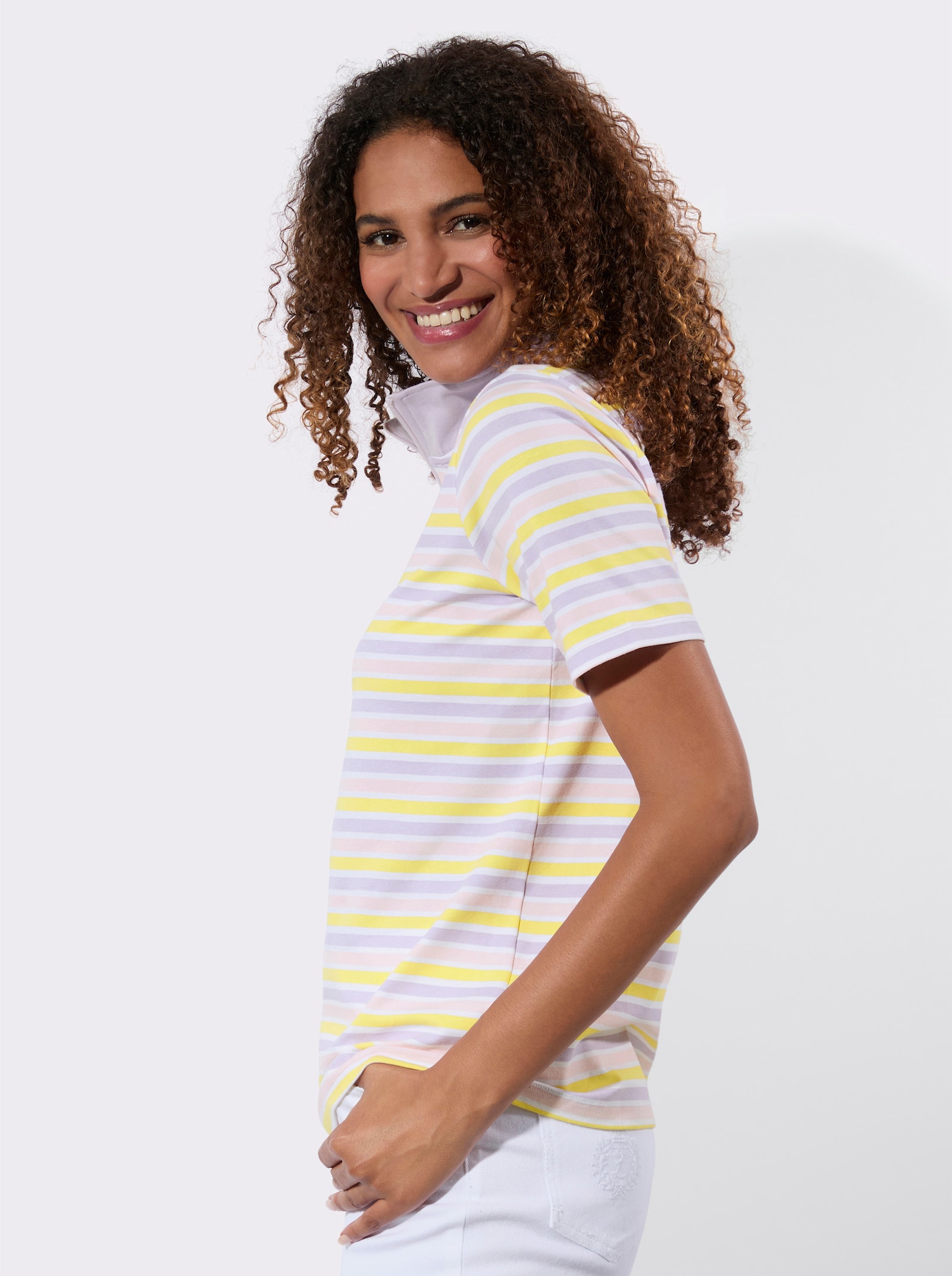 Poloshirt mit Reißverschluss - zitrone-camel-geringelt