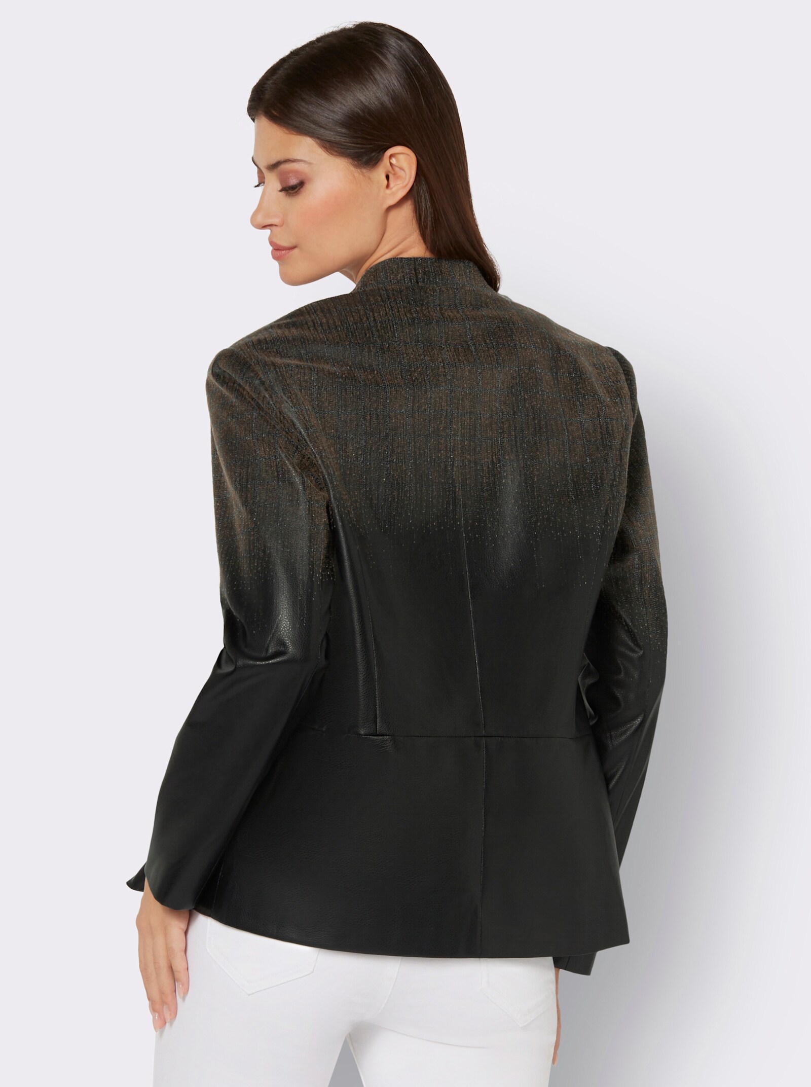 Lederimitat-Blazer mit Karo-Muster - schwarz-braun-bedruckt