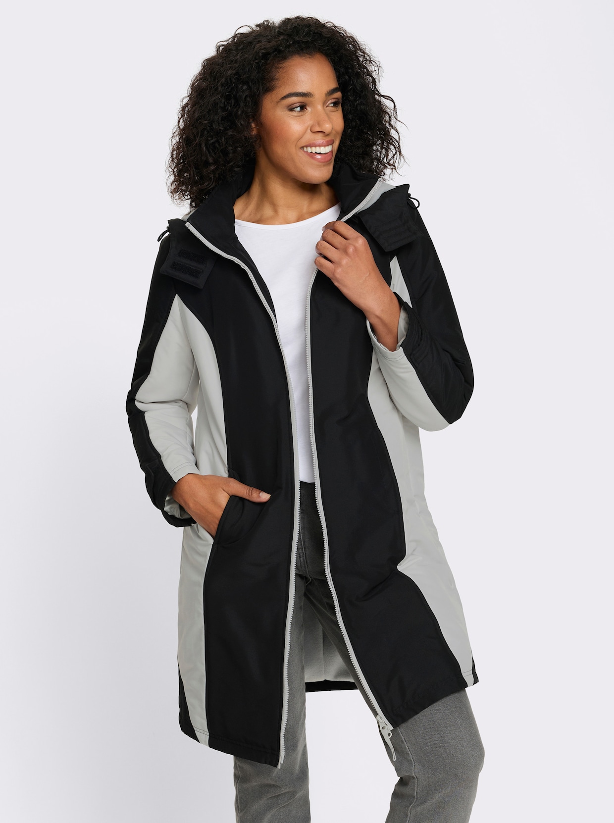 Funktionsmantel mit abnehmbarer Kapuze - schwarz-hellgrau