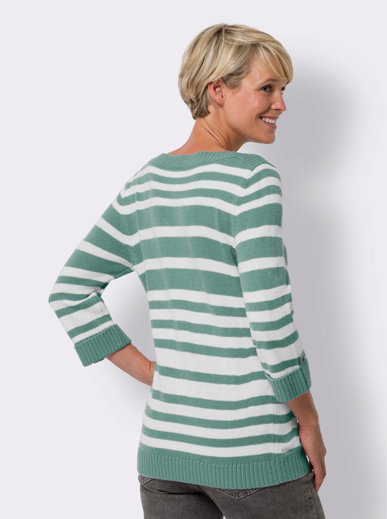 3/4 Arm-Pullover - salbei-weiss-gemustert