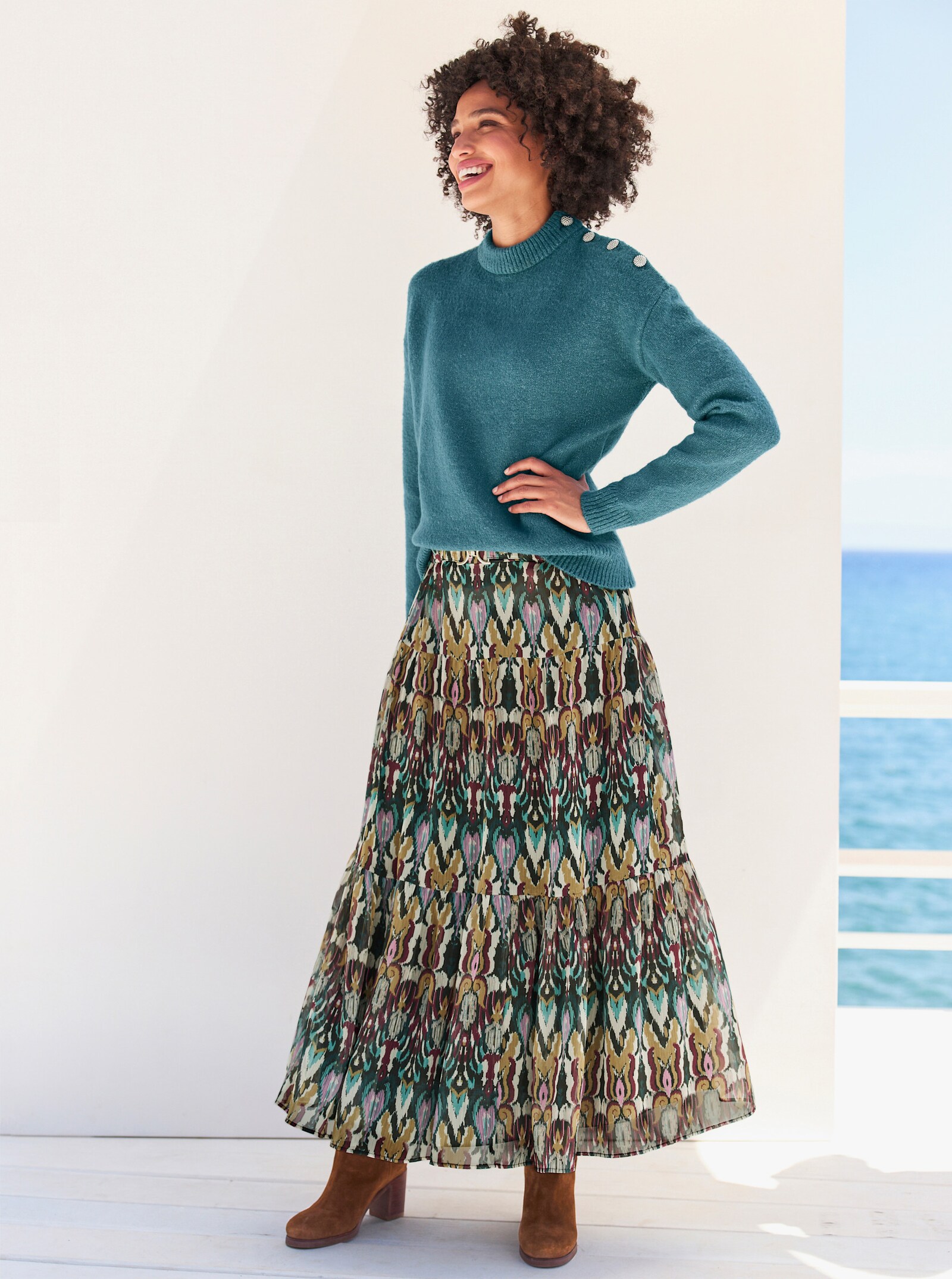 heine Schlupfrock in ausgestellter Form - salbei-schwarz-bedruckt