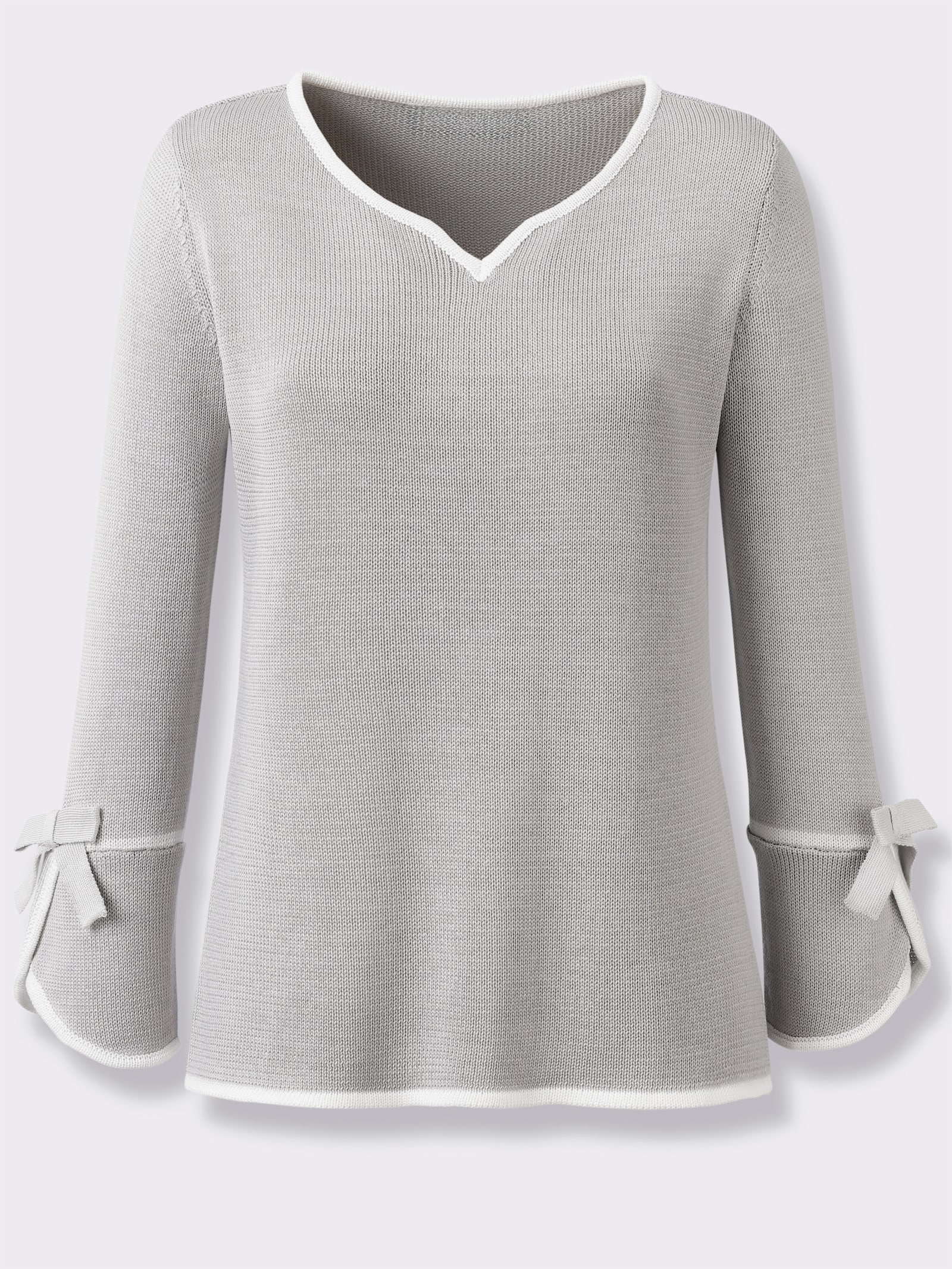 Feinstrickpullover mit herzförmigem Ausschnitt - hellgrau-ecru-gemustert