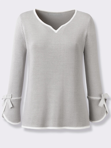 Feinstrickpullover mit herzförmigem Ausschnitt - hellgrau-ecru-gemustert