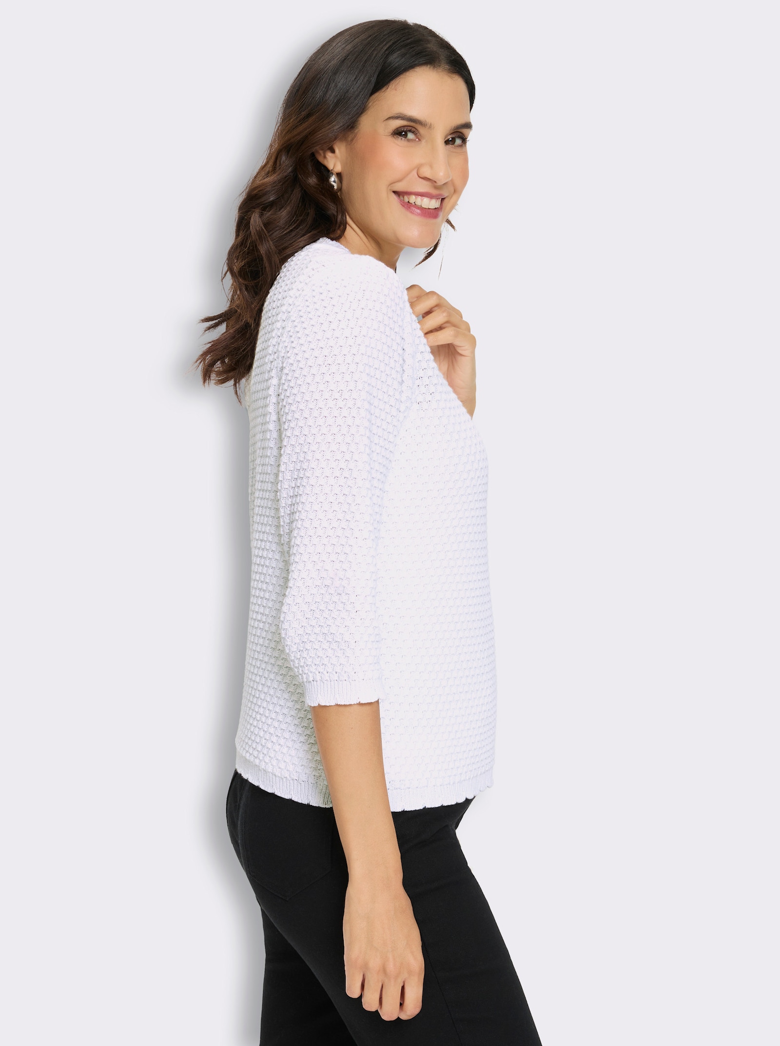 3/4-Arm-Pullover mit Struktur-Strickmuster - weiß
