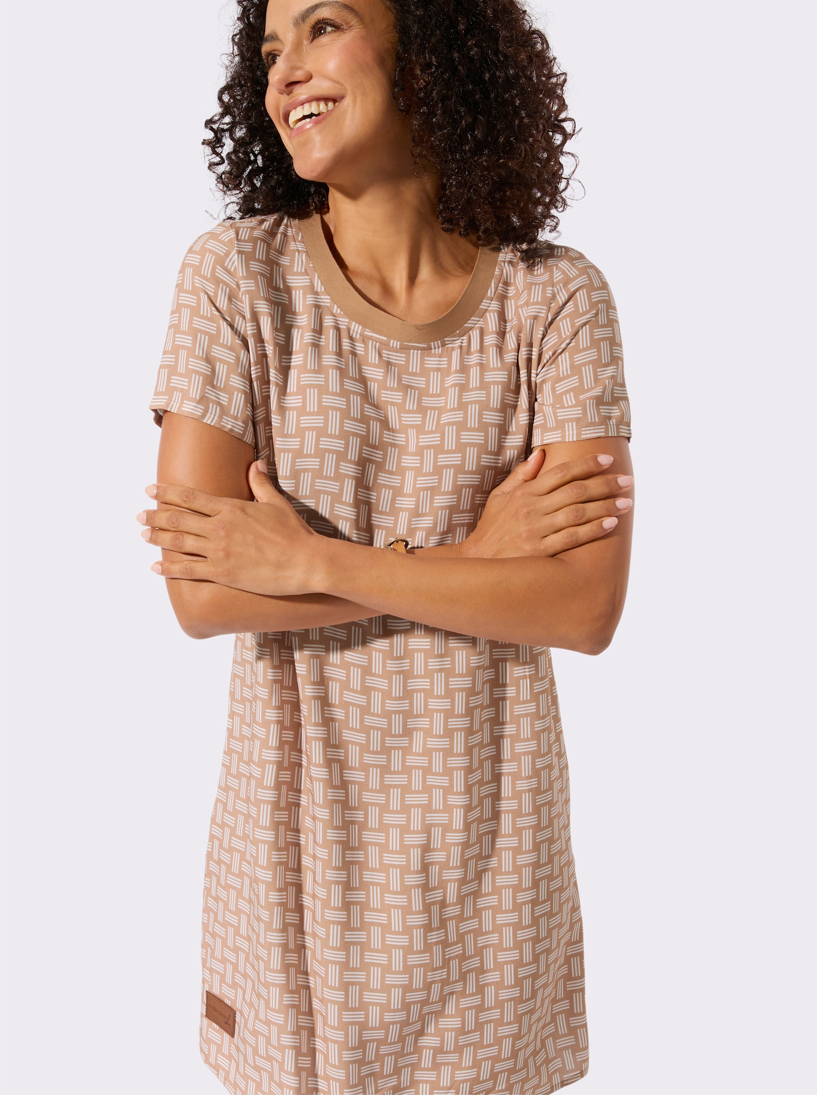 Webkleid in figurfreundlicher A-Linie - camel-ecru-bedruckt