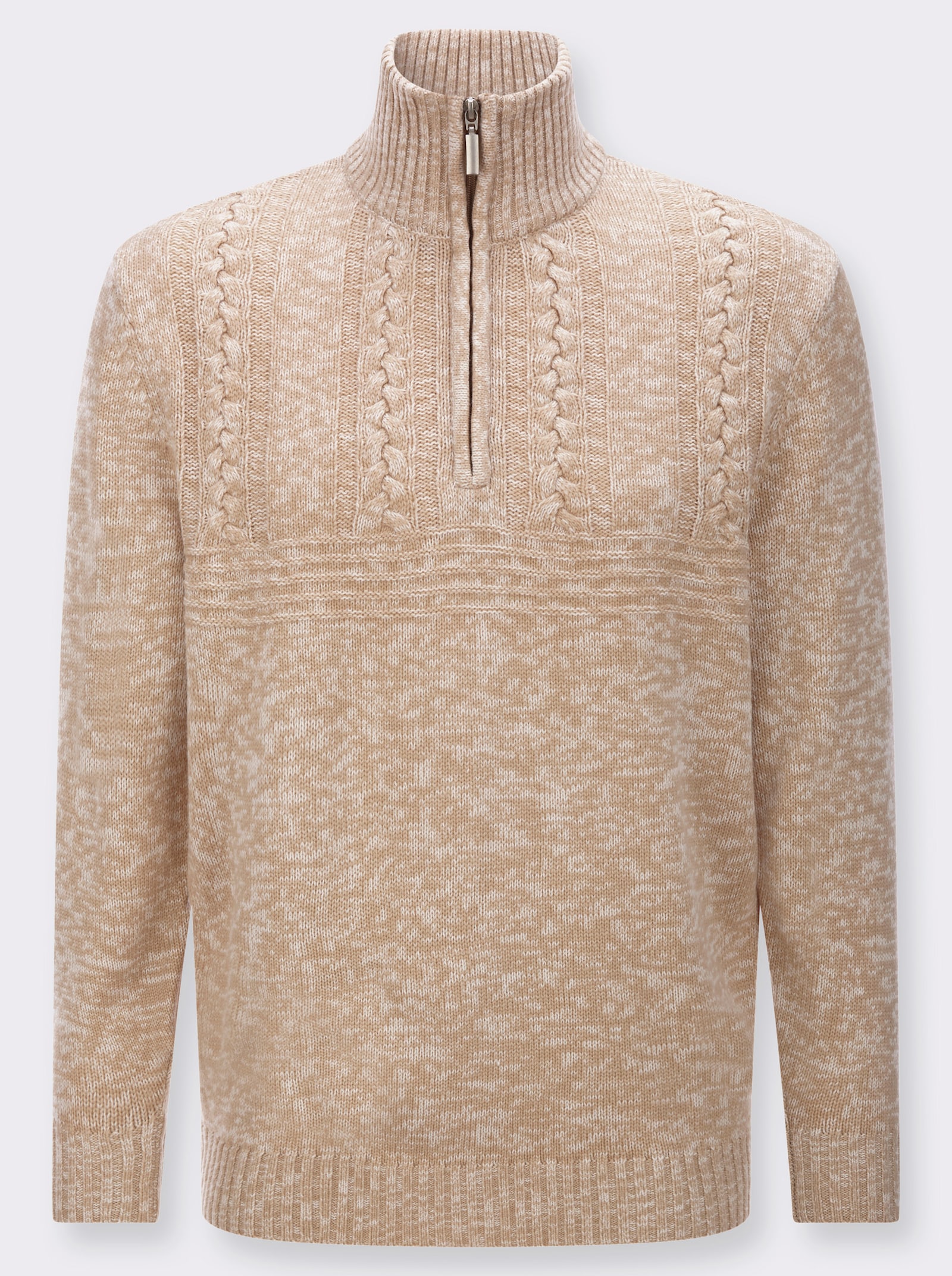Langarm-Pullover mit platziertem Zopfmuster - beige-meliert
