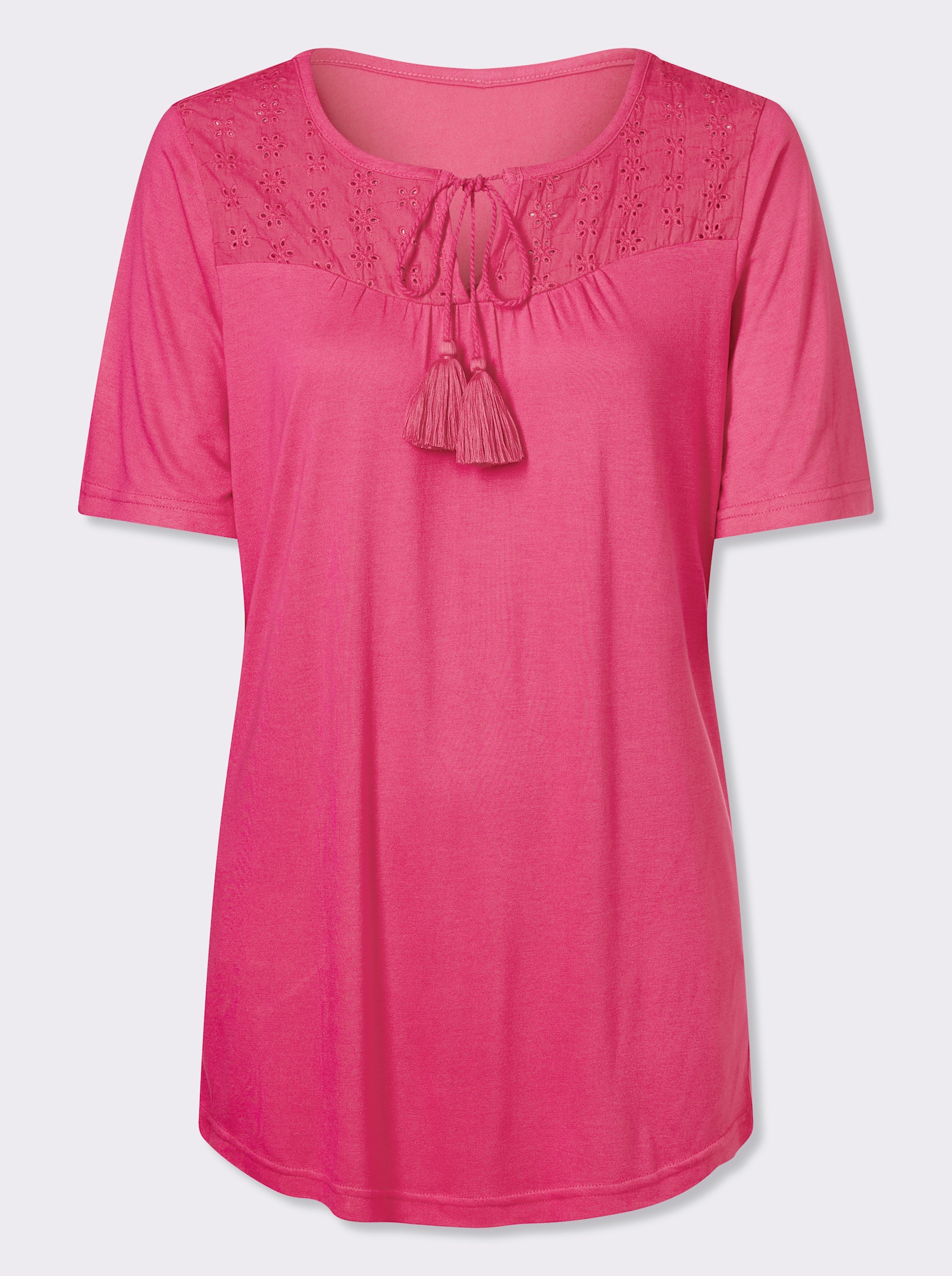 Kurzarmshirt mit Lochstickerei-Einsatz - fuchsia