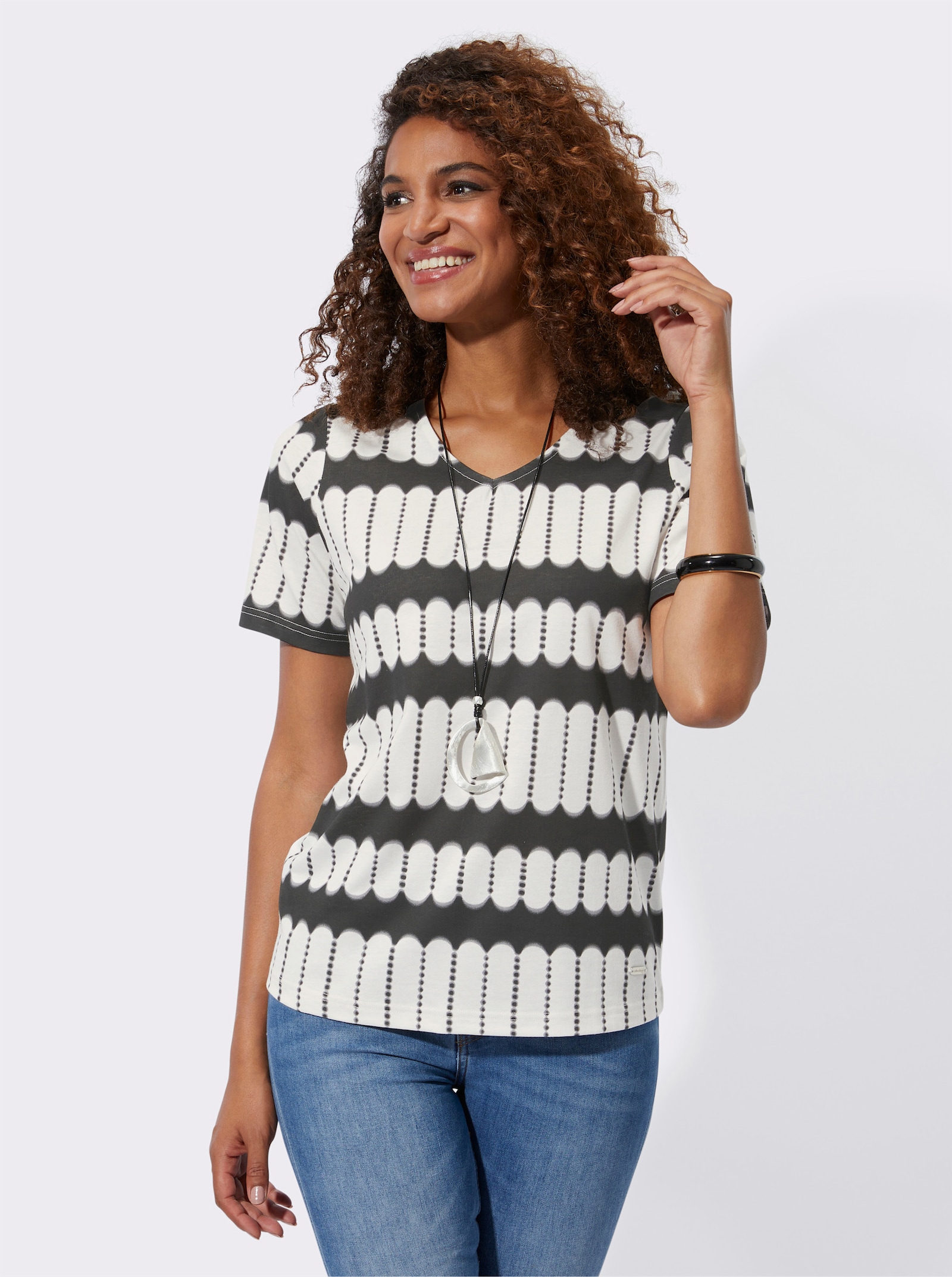 Tričko s krátkým rukávem s výstřihem do V - černá-ecru-potisk