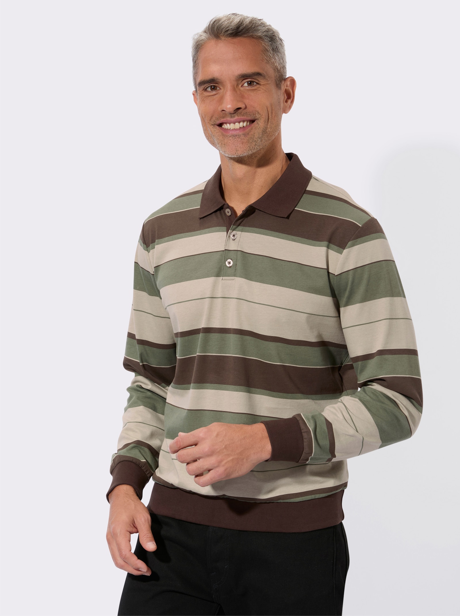 Poloshirt mit elastischen Bündchen - schoko-khaki-geringelt