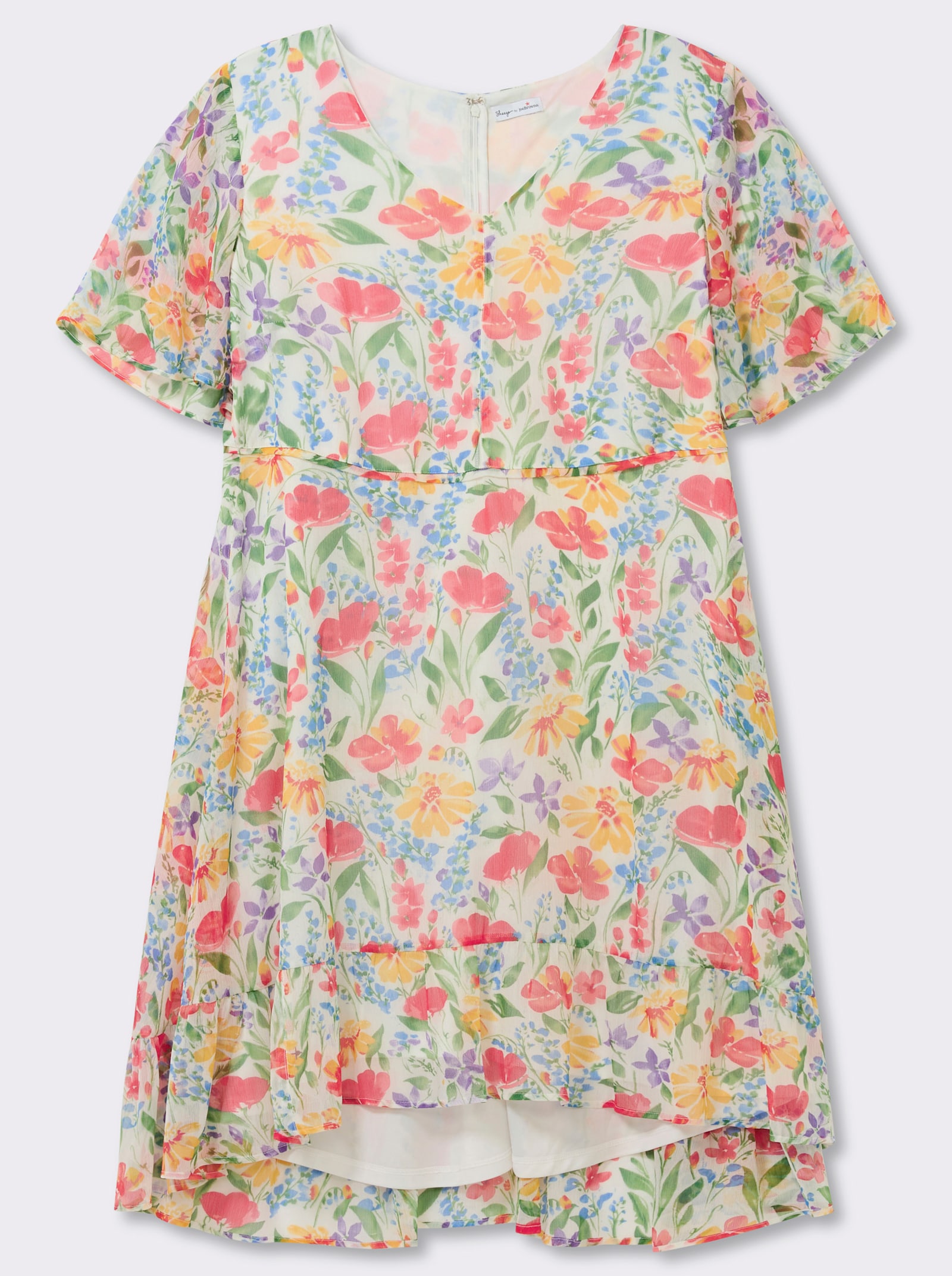 sheego Chiffonkleid mit Volant am Saum - ecru-lila-gemustert