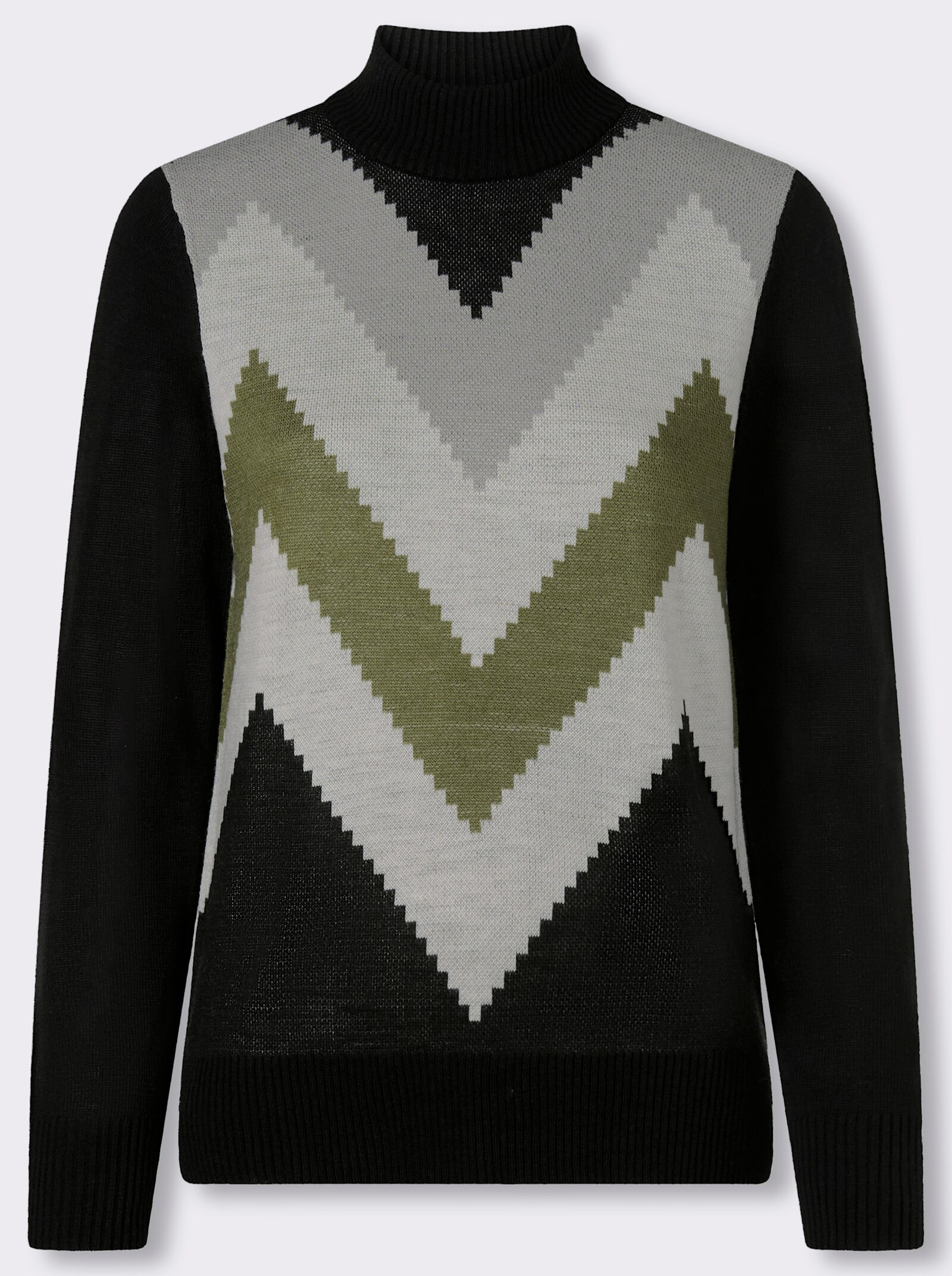 Stehkragenpullover mit Zickzack-Muster - schwarz-steingrau-gemustert