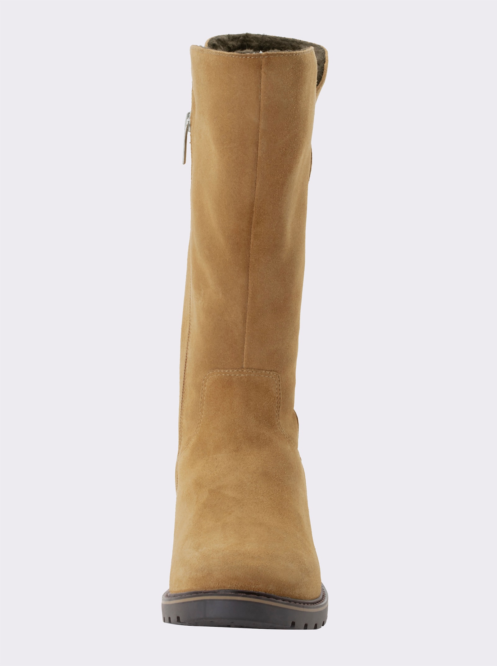 sheego Weitschaftstiefel aus Veloursleder, mit Teddyfutter - cognac