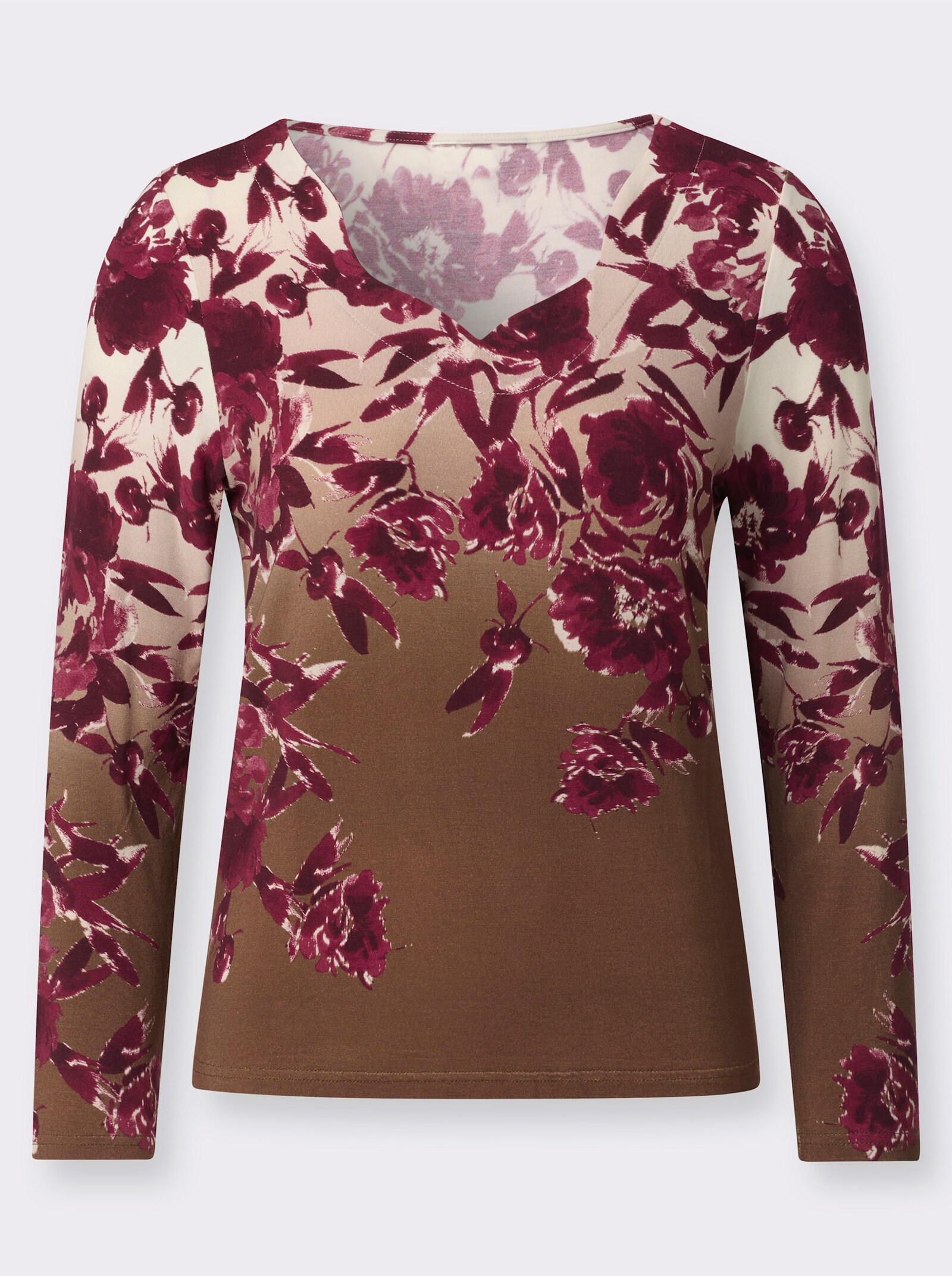Langarmshirt mit gebogtem V-Ausschnitt - braun-bordeaux-bedruckt