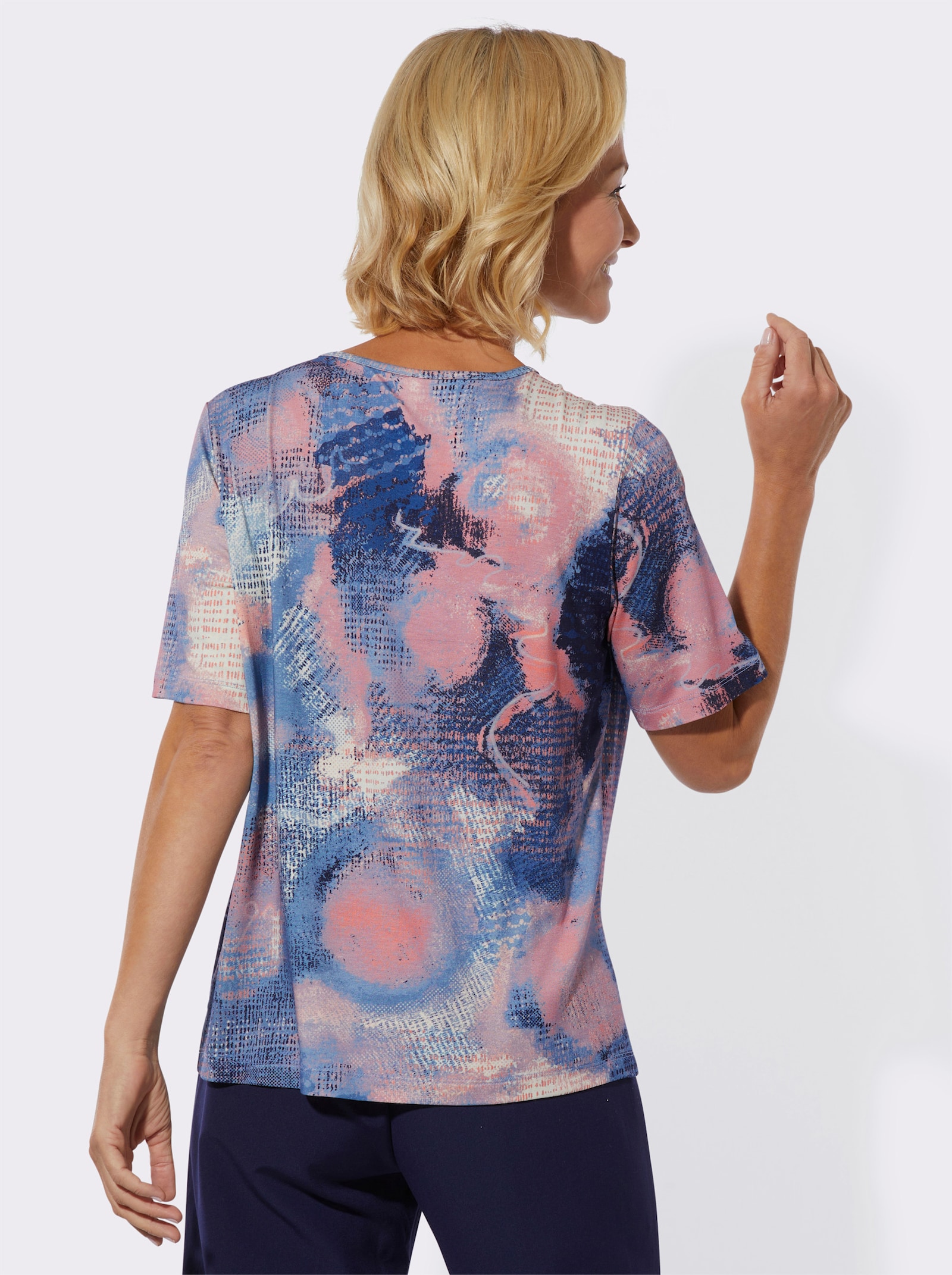 Shirt met ronde hals en siersteentjes - marine/flamingo bedrukt