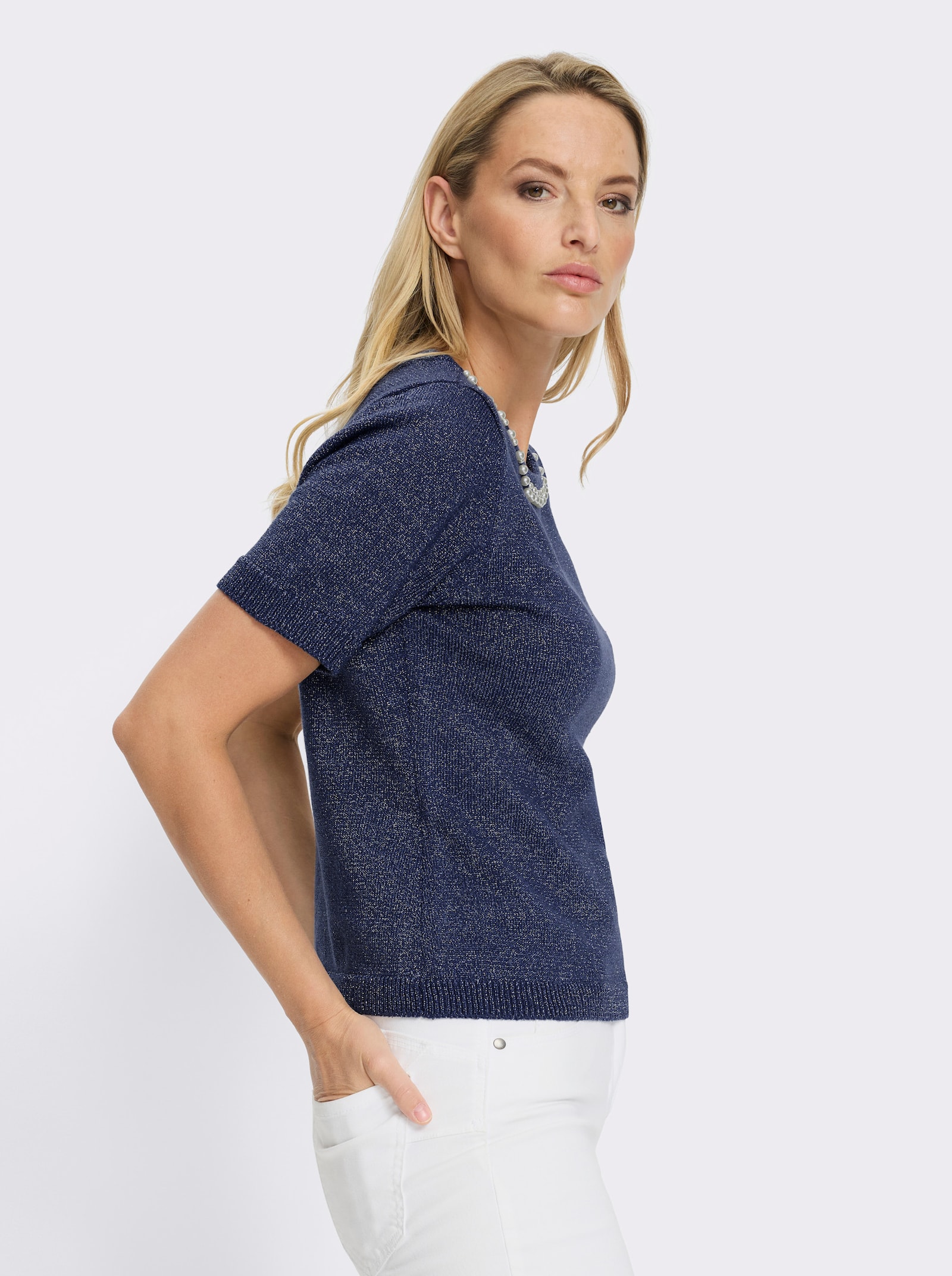 heine Kurzarmpullover mit Zierperlen Applikation - dunkelblau