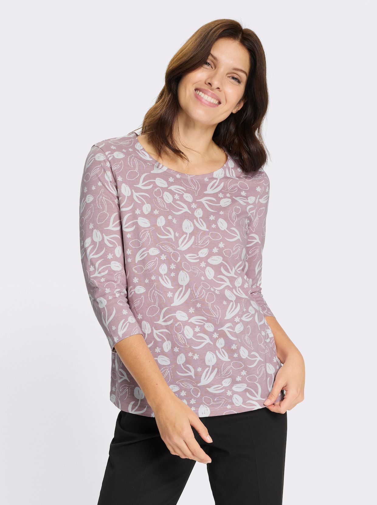 Shirt met 3/4-mouwen met bloemenprint, katoen - roze/wit bedrukt