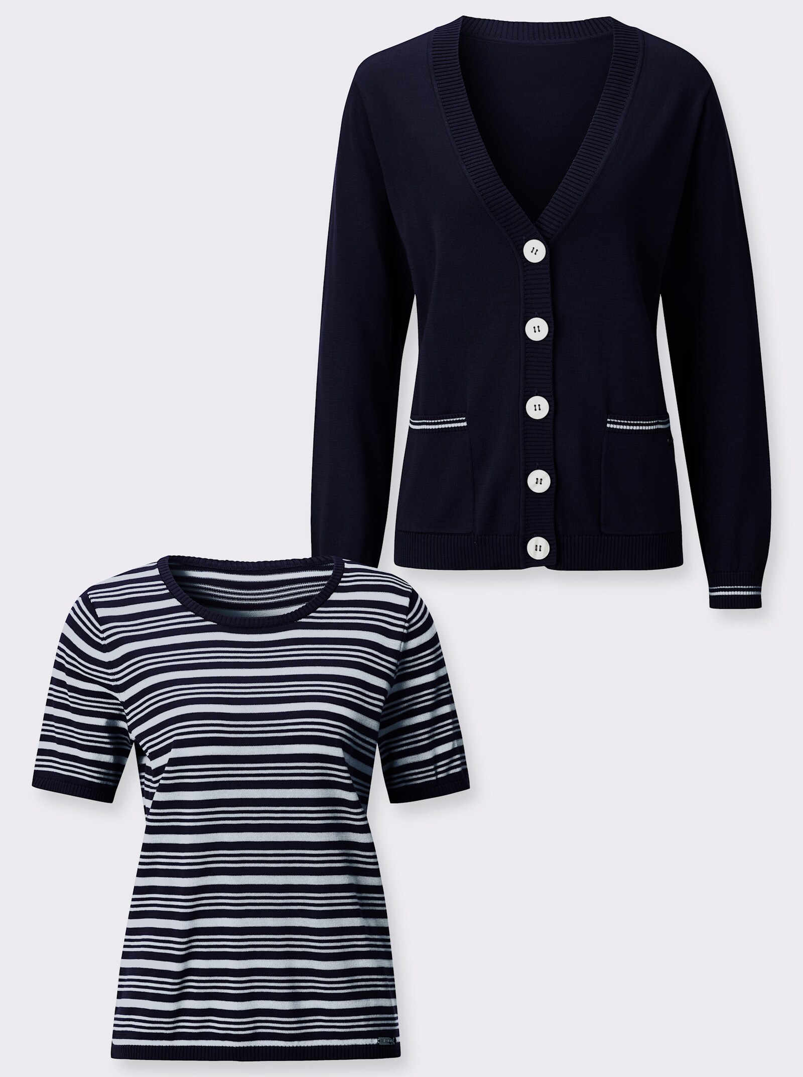 Twin-Set mit Schmuckknöpfen - marine-ecru-geringelt