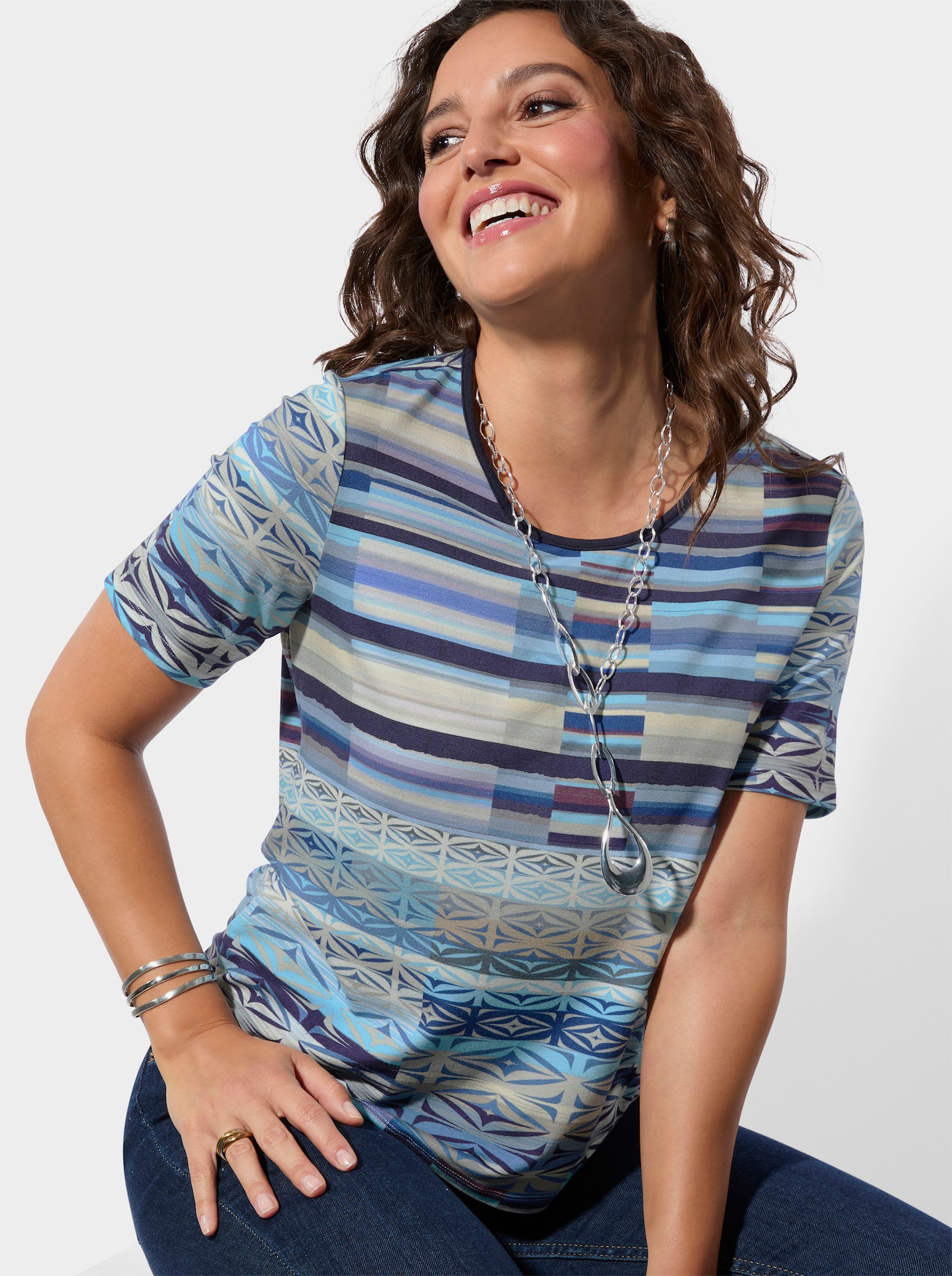 Kurzarmshirt - marine-royalblau-bedruckt