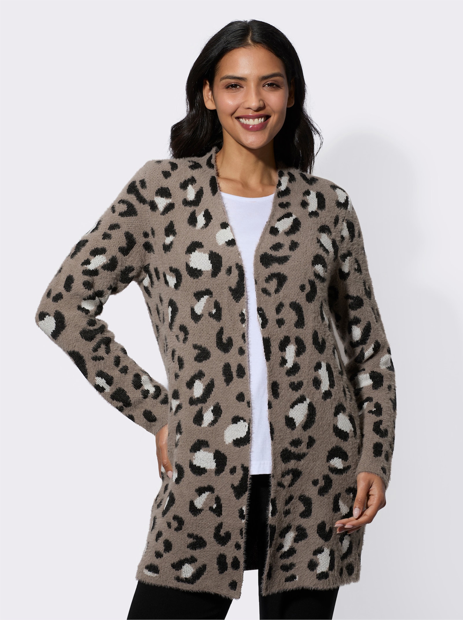 Jacquardstrickjacke im Leo-Muster - taupe-schwarz-gemustert