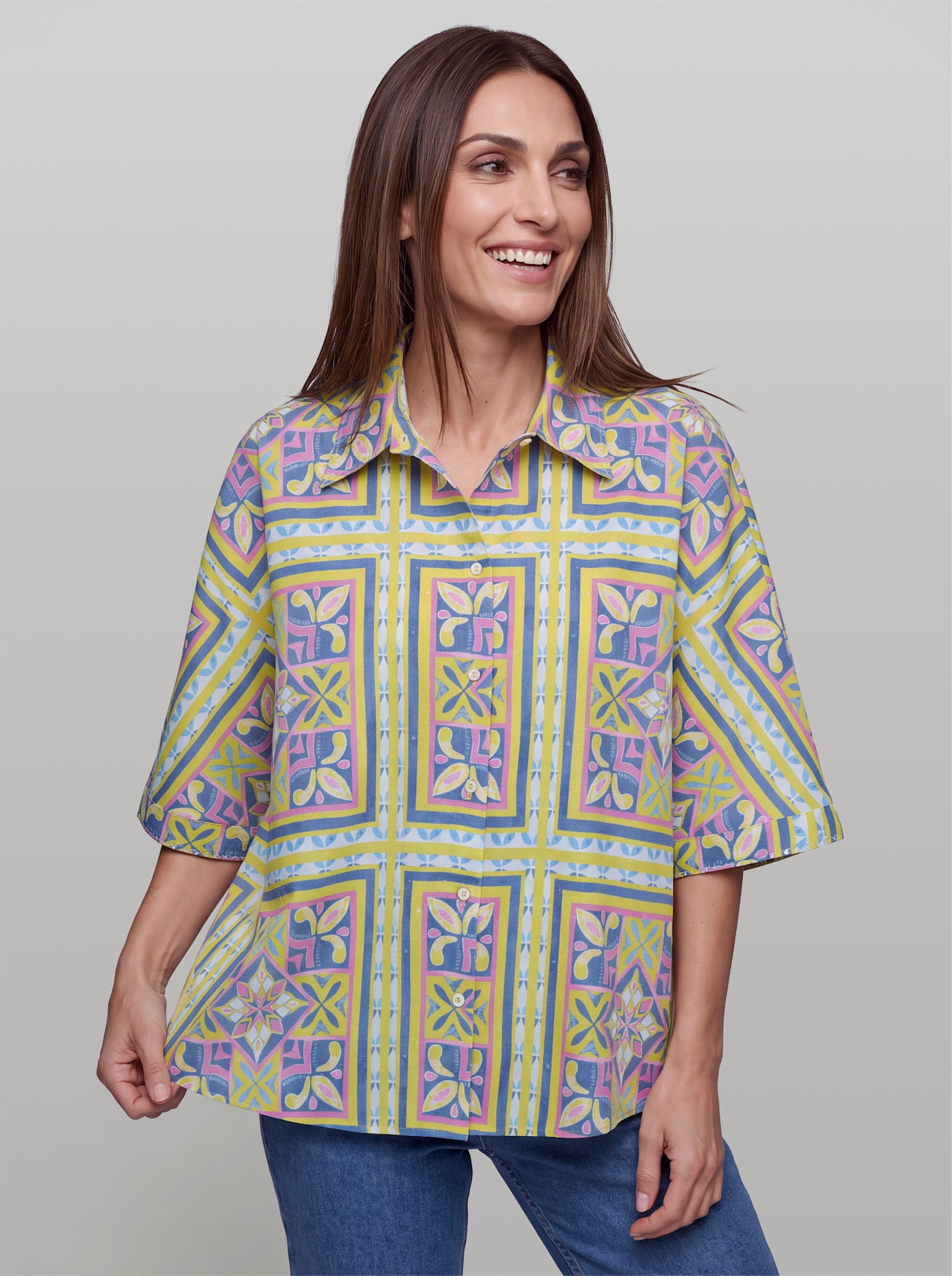 heine Hemdbluse mit Pailletten - limone-taubenblau-bedruckt