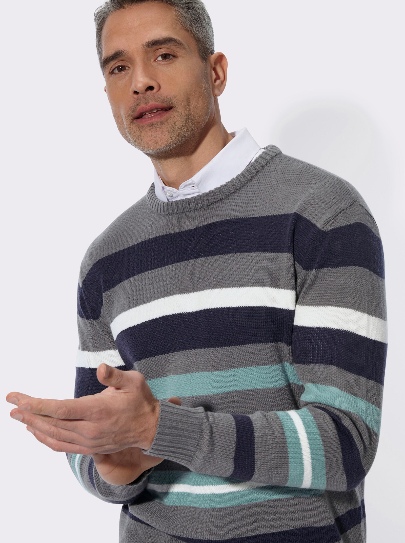 Rundhalspullover im Ringel-Dessin - anthrazit-jade-gemustert