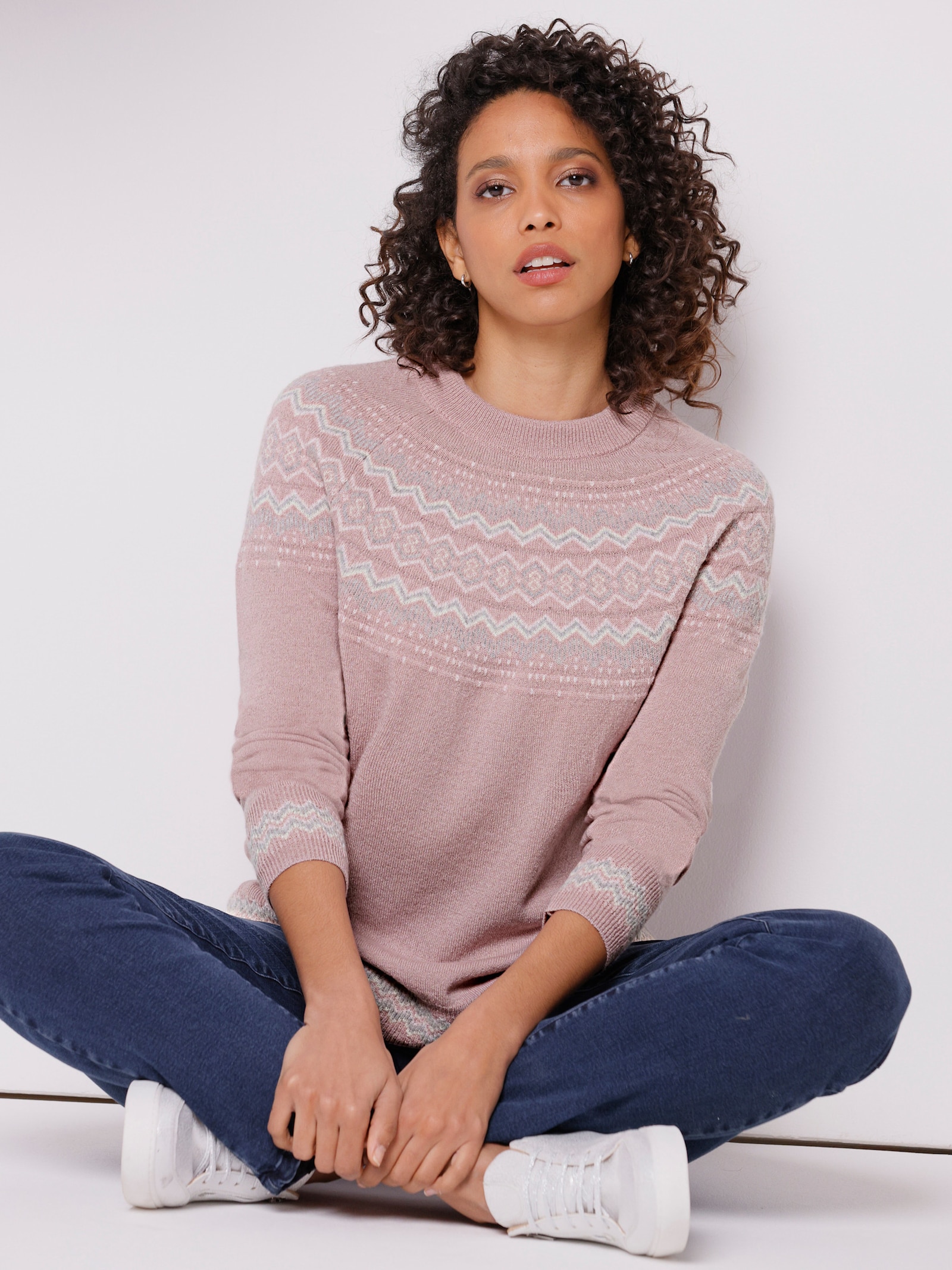 CREATION L PREMIUM Jacquard-Pullover im Norweger-Stil - mauve-steingrau-gemustert