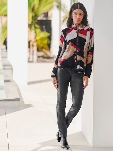 heine Jacquardstrickjacke mit 2-Wege-Zipper - schwarz-kirsche-gemustert