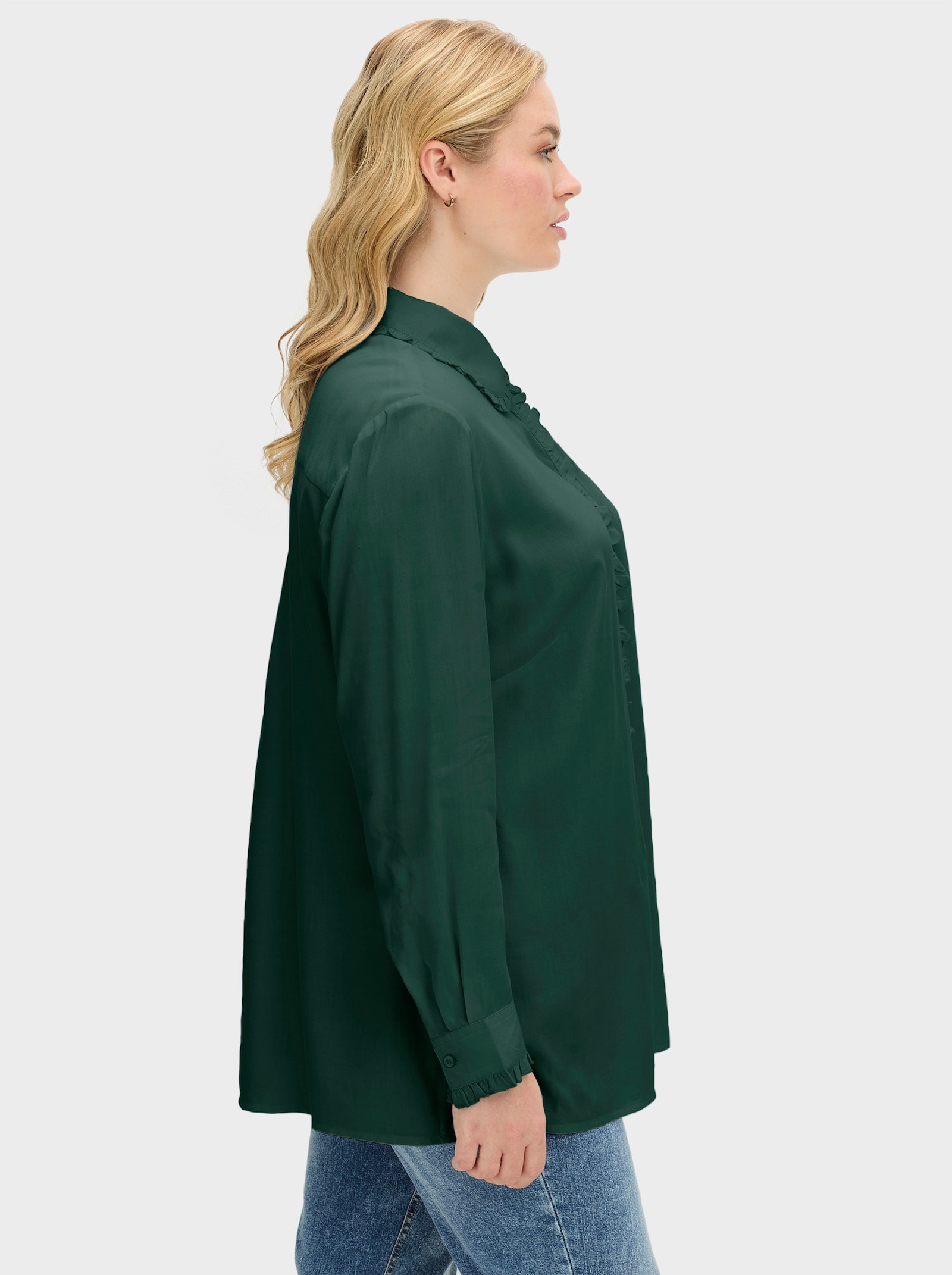 sheego Hemdbluse mit gerüschter Knopfleiste - moos