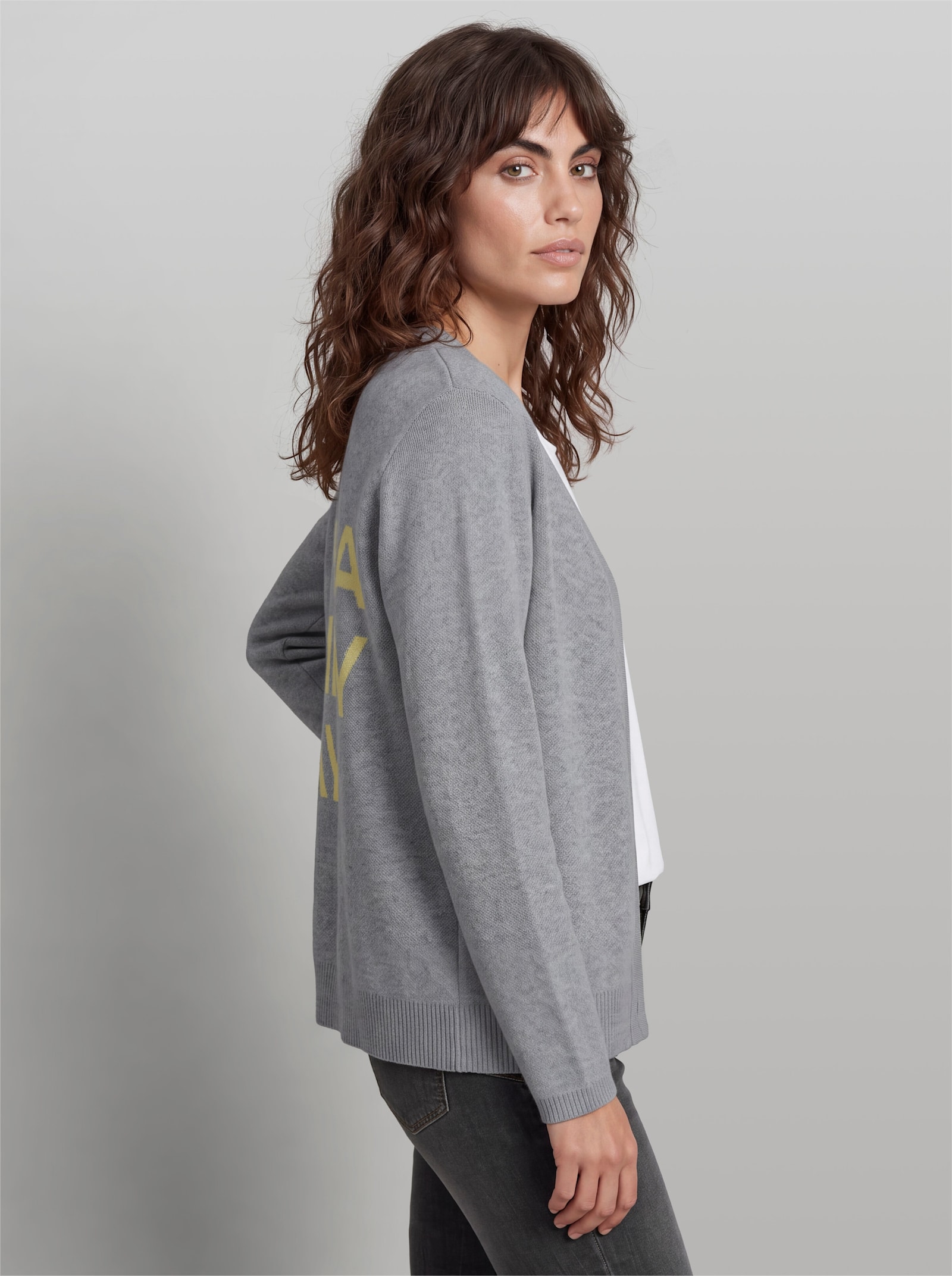 heine Strickjacke mit Jacquard-Schriftzug - steingrau-meliert