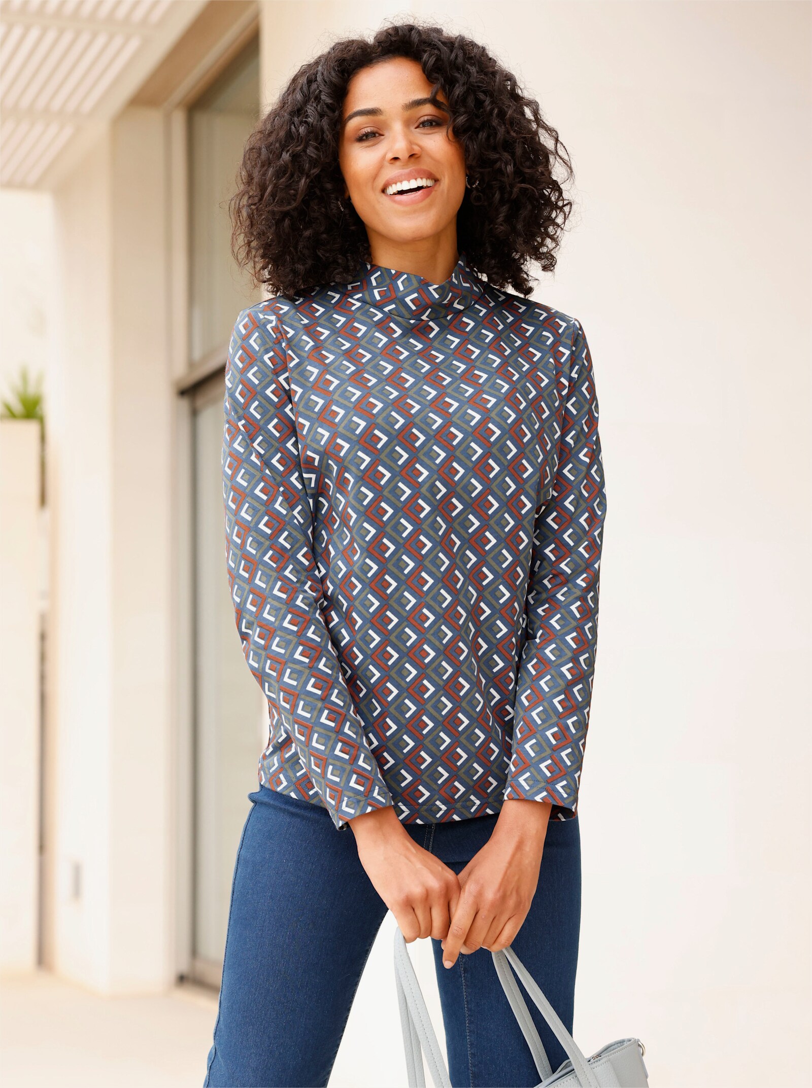 Stehkragenshirt mit Print - rauchblau-rostrot-bedruckt