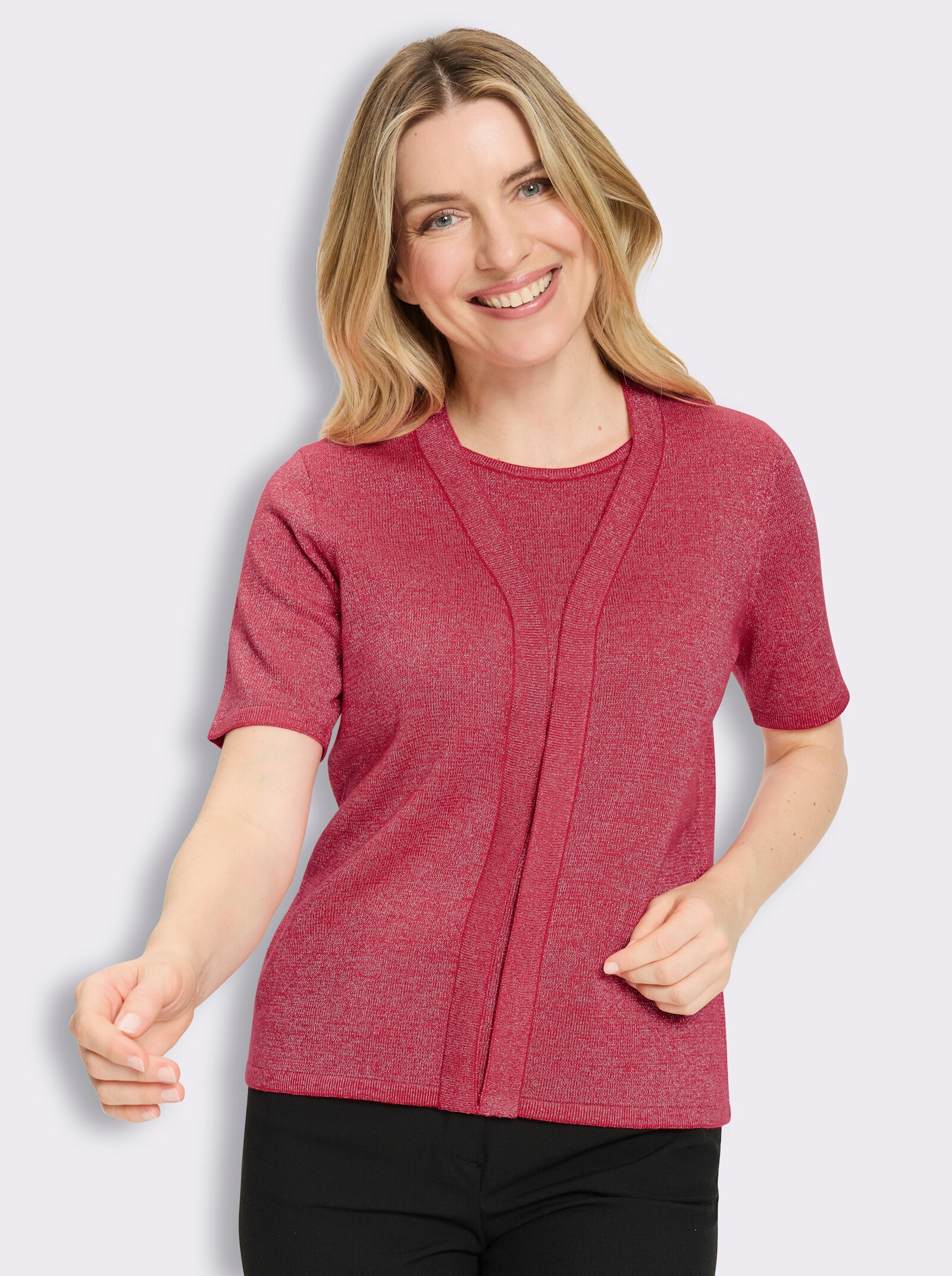 Kurzarmpullover in 2-in-1-Optik - erdbeere