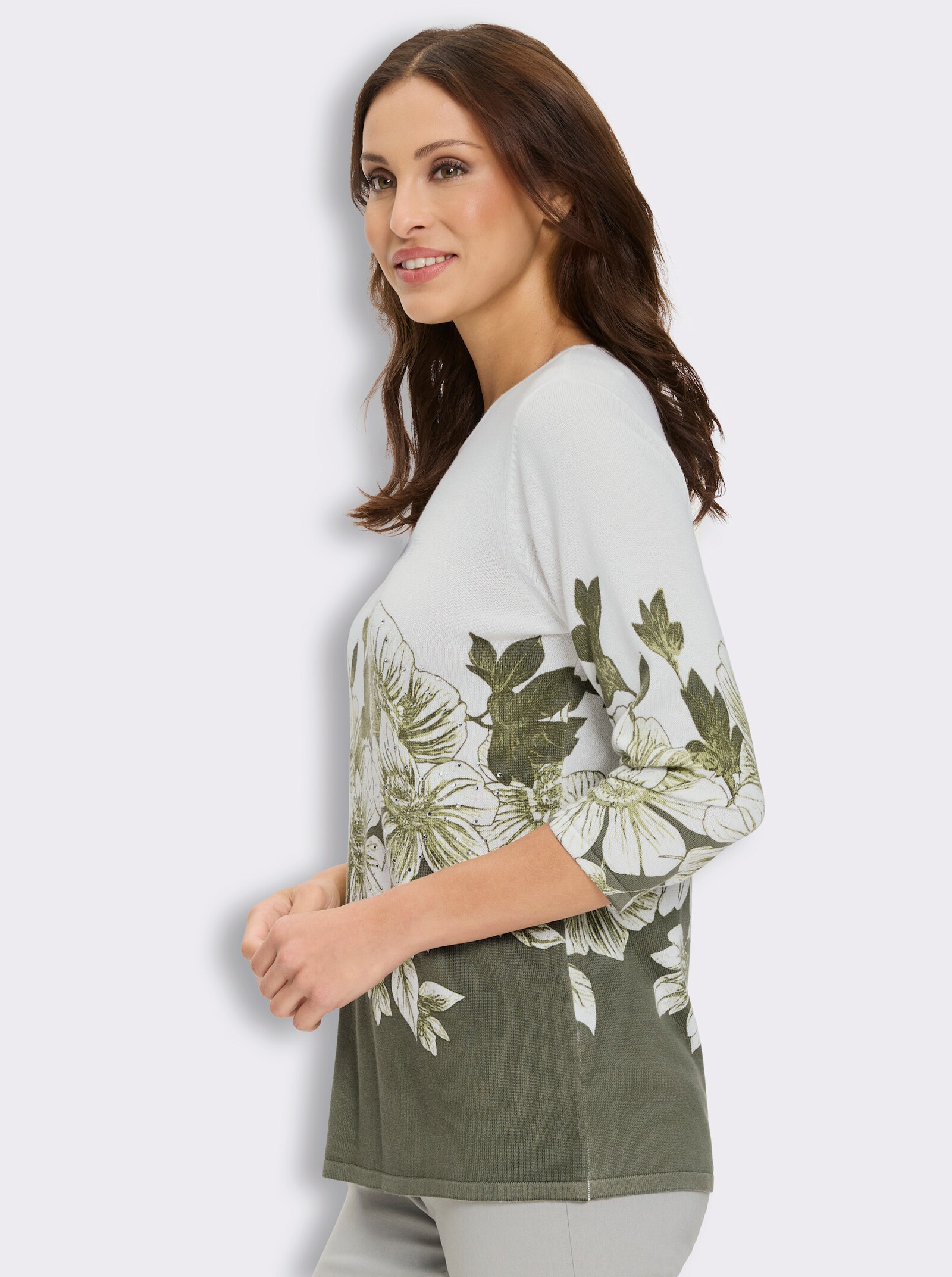 3/4-Arm-Pullover mit platziertem Druckdessin und Glitzersteinchen - weiß-khaki-bedruckt