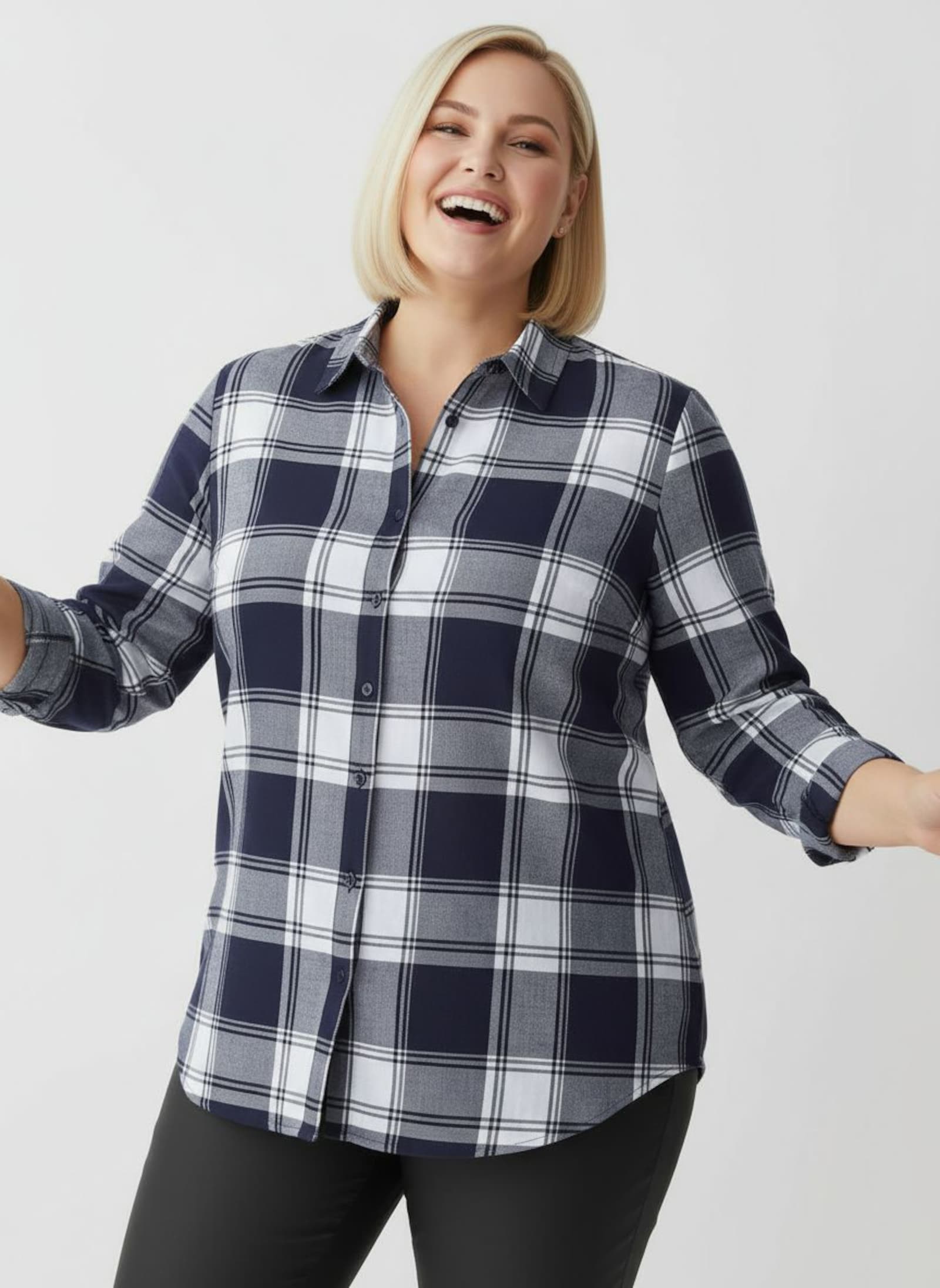 Flanellbluse in Karo-Muster - marine-weiß-kariert