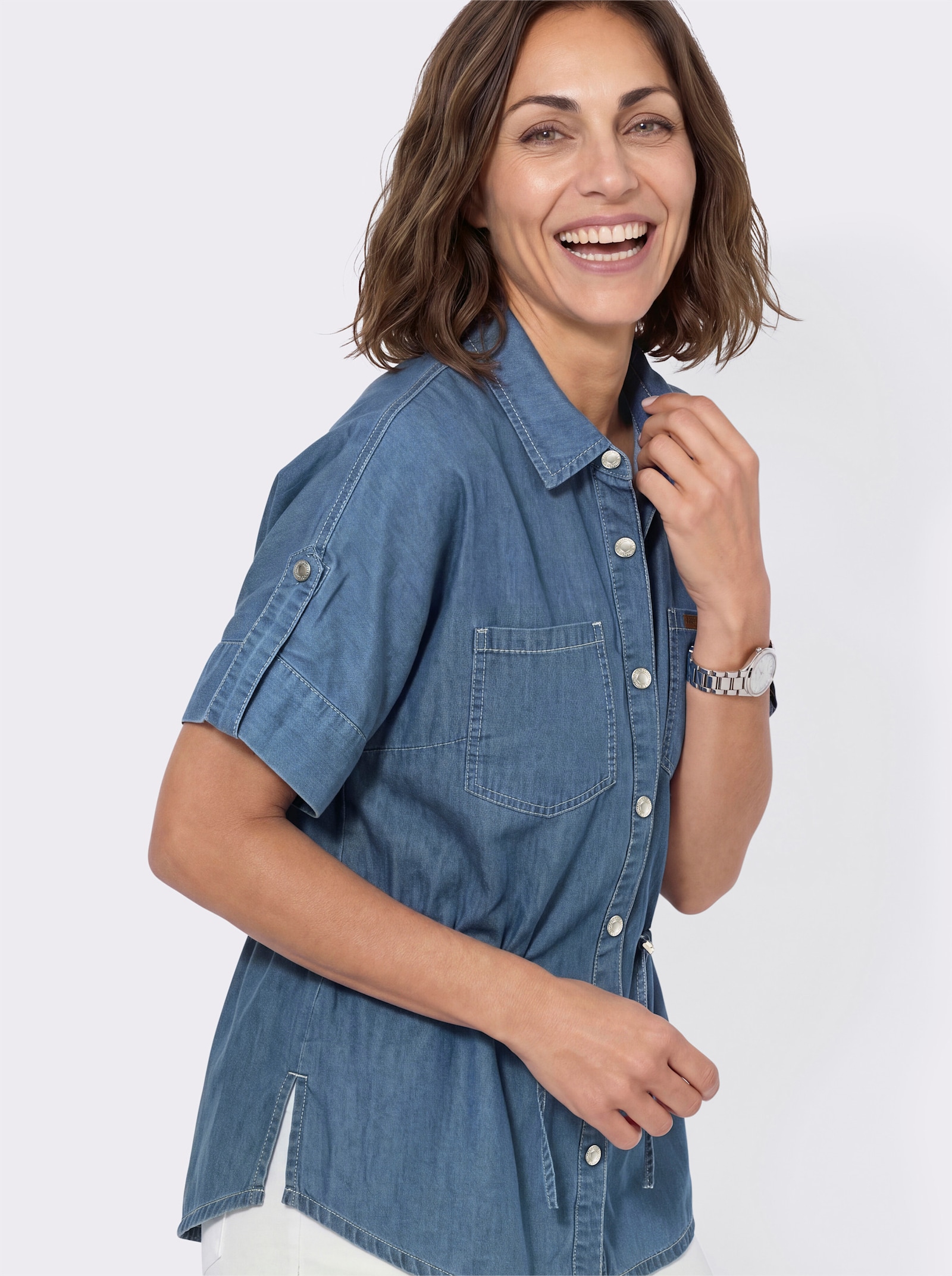 Jeansbluse mit regulierbarem Taillen-Kordelzug - blue-bleached