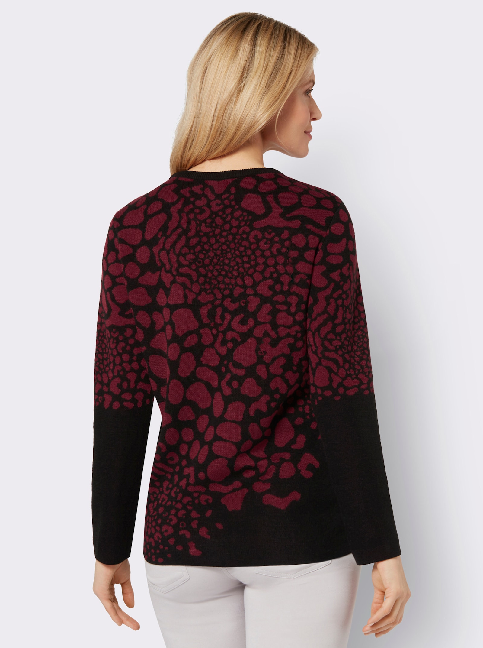 Jacquard-Pullover mit Rundhals-Ausschnitt - schwarz-dunkelrot-gemustert